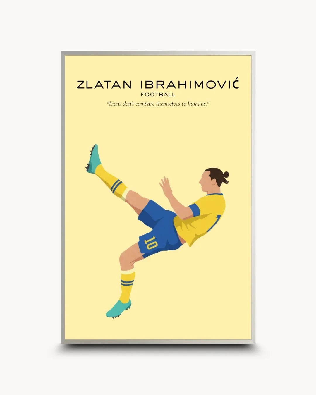 Modern minimalist Zlatan Ibrahimović art in a sleek Satin Silver frame. Sophisticated football-themed wall decor for urban homes.