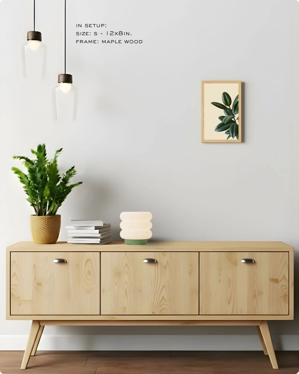 Small accent Fiddle Leaf Fig wall art in a Maple Wood frame by K2C Co., featured in a minimalist Japandi decor mockup to demonstrate small-space styling.