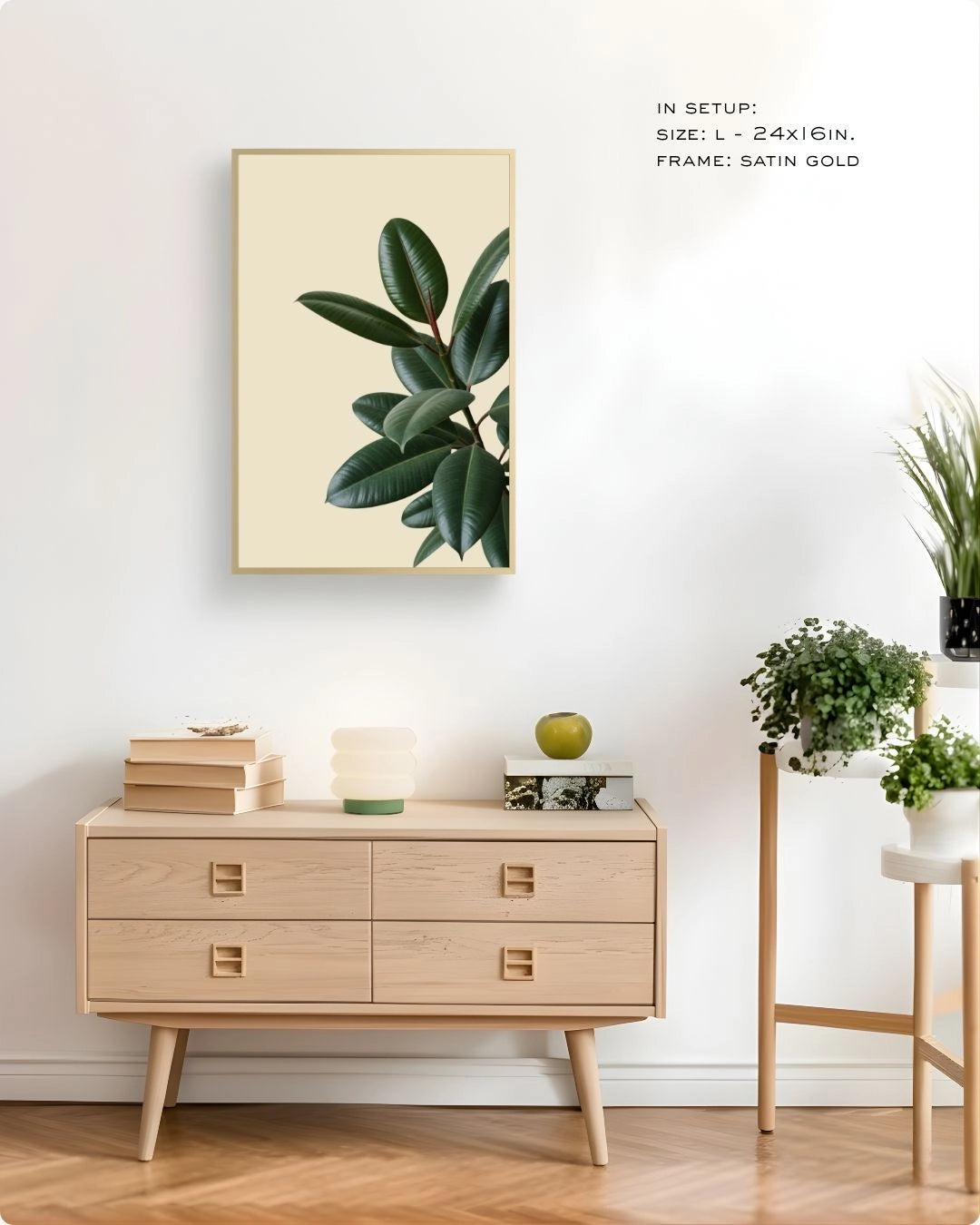 K2C Co. Fiddle Leaf Fig botanical print in a Maple Wood frame, styled on a neutral dresser with a mushroom lamp and green plants for a clean modern aesthetic.