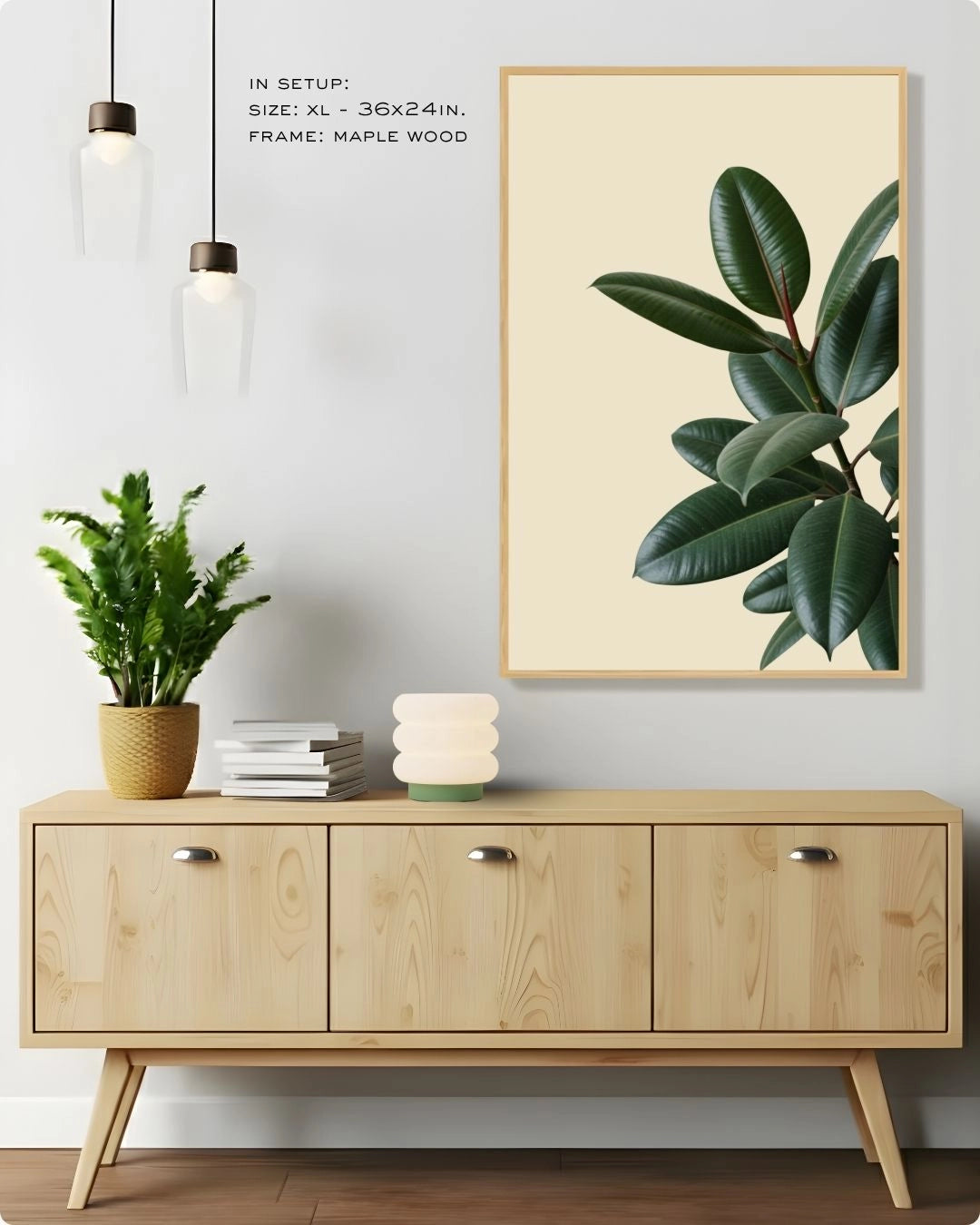 Large-scale (Size XL) Fiddle Leaf Fig botanical art by K2C Co. in a Maple Wood frame, hanging above a light wood sideboard in a bright Japandi living room.