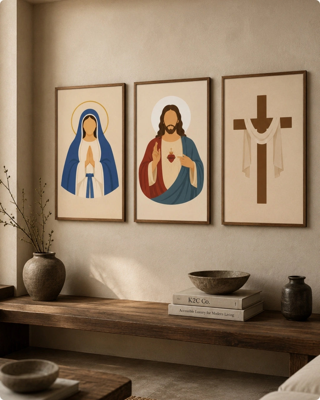 Three framed religious wall art prints hang on a beige wall above a wooden console table. The left print shows the Virgin Mary in blue and white, the center print shows Jesus with a red and blue robe and gold heart, and the right print shows a brown Christian cross with a white drape.