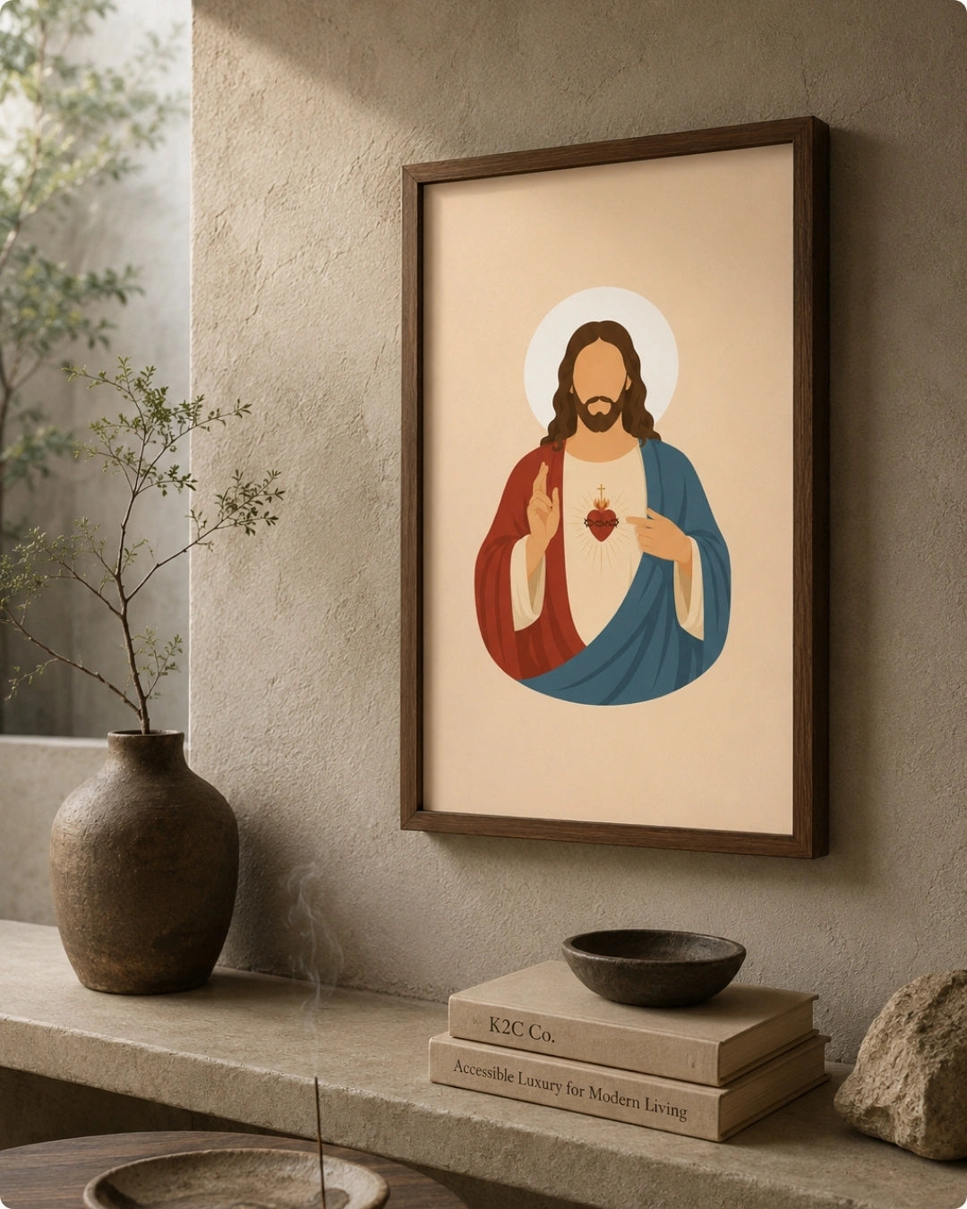 A framed art print of the Sacred Heart of Jesus hangs on a textured beige plaster wall above a stone shelf styled with a brown ceramic vase, books, and a small bowl.