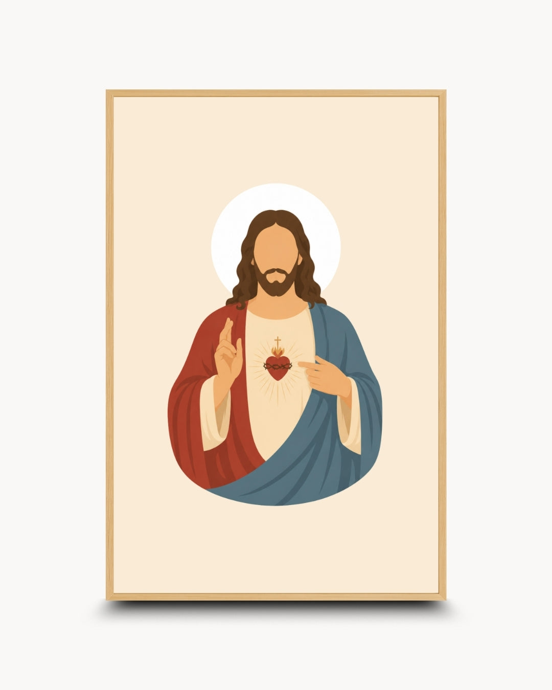 A framed art print featuring a stylized vector illustration of the Sacred Heart of Jesus, shown against a light gray background.