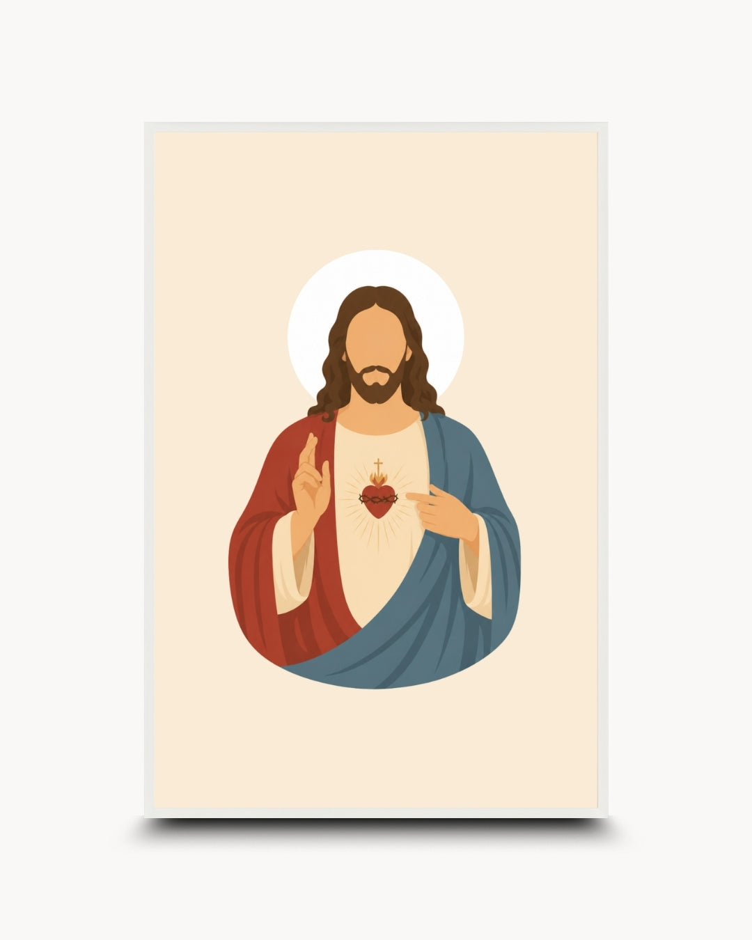 A minimalist vector art print of the Sacred Heart of Jesus, featuring a beige background with a white halo, red and blue robes, and a red heart, shown as a vertical poster with a drop shadow.