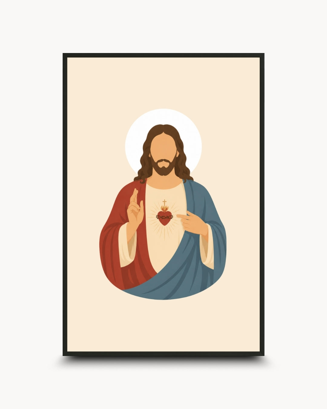 A framed art print featuring a stylized illustration of Jesus Christ with a radiant red Sacred Heart, set against a cream background with a black frame.