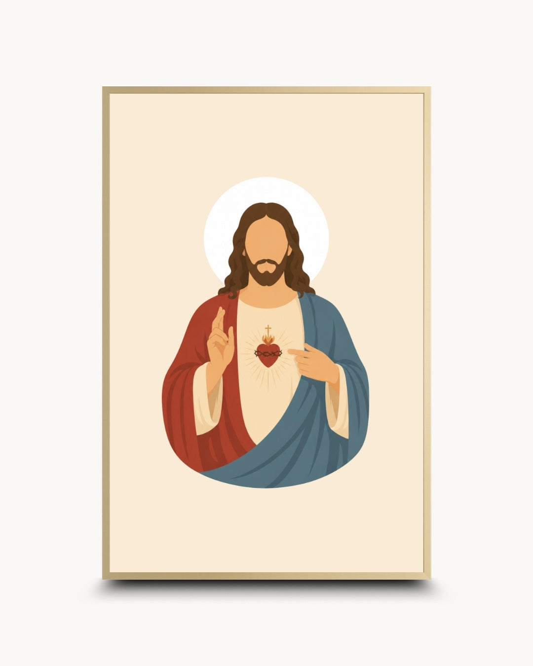 A framed art print featuring a stylized vector illustration of the Sacred Heart of Jesus, shown against a clean white background.