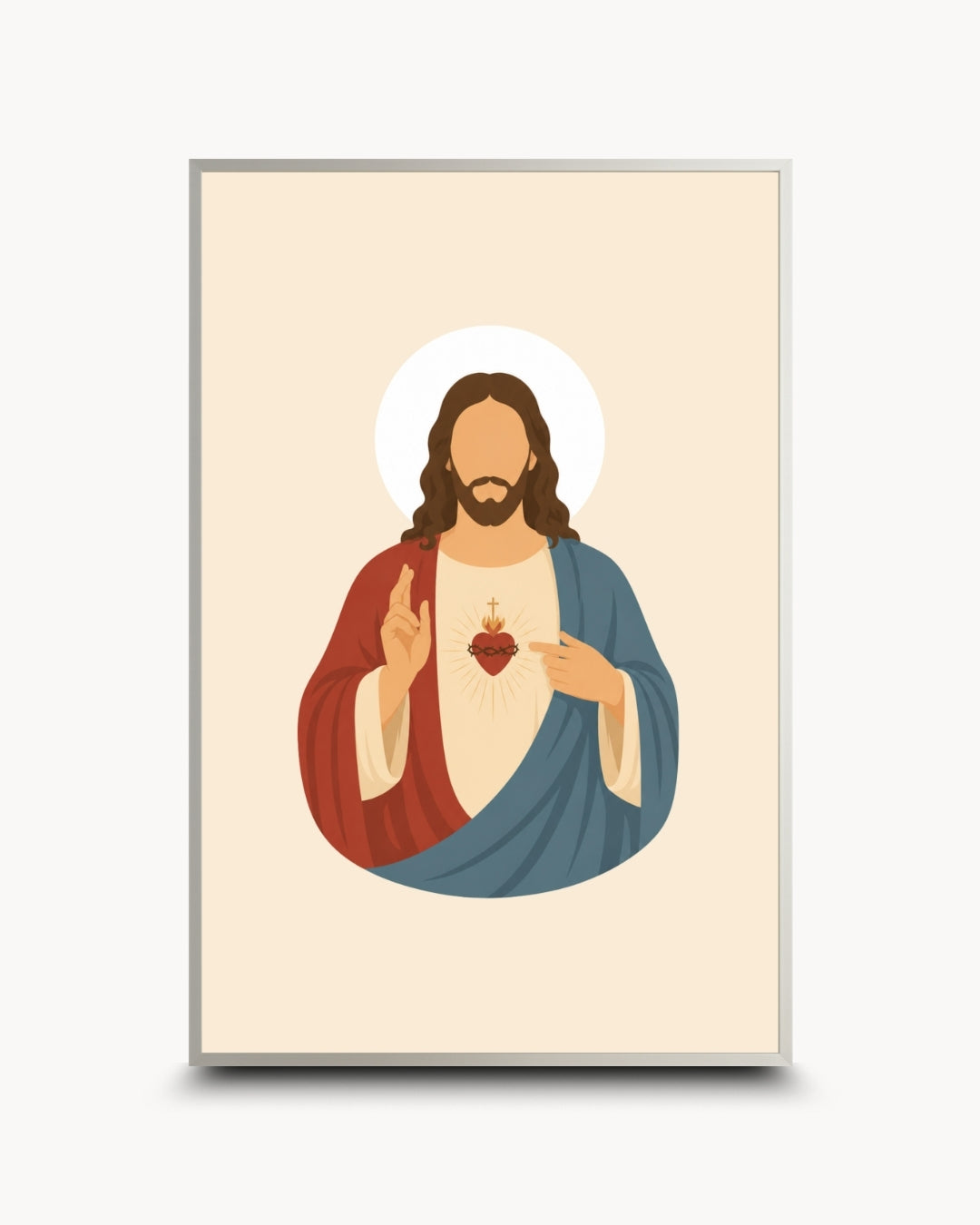 A framed art print featuring a stylized vector illustration of the Sacred Heart of Jesus, set against a cream background with a thin silver frame.