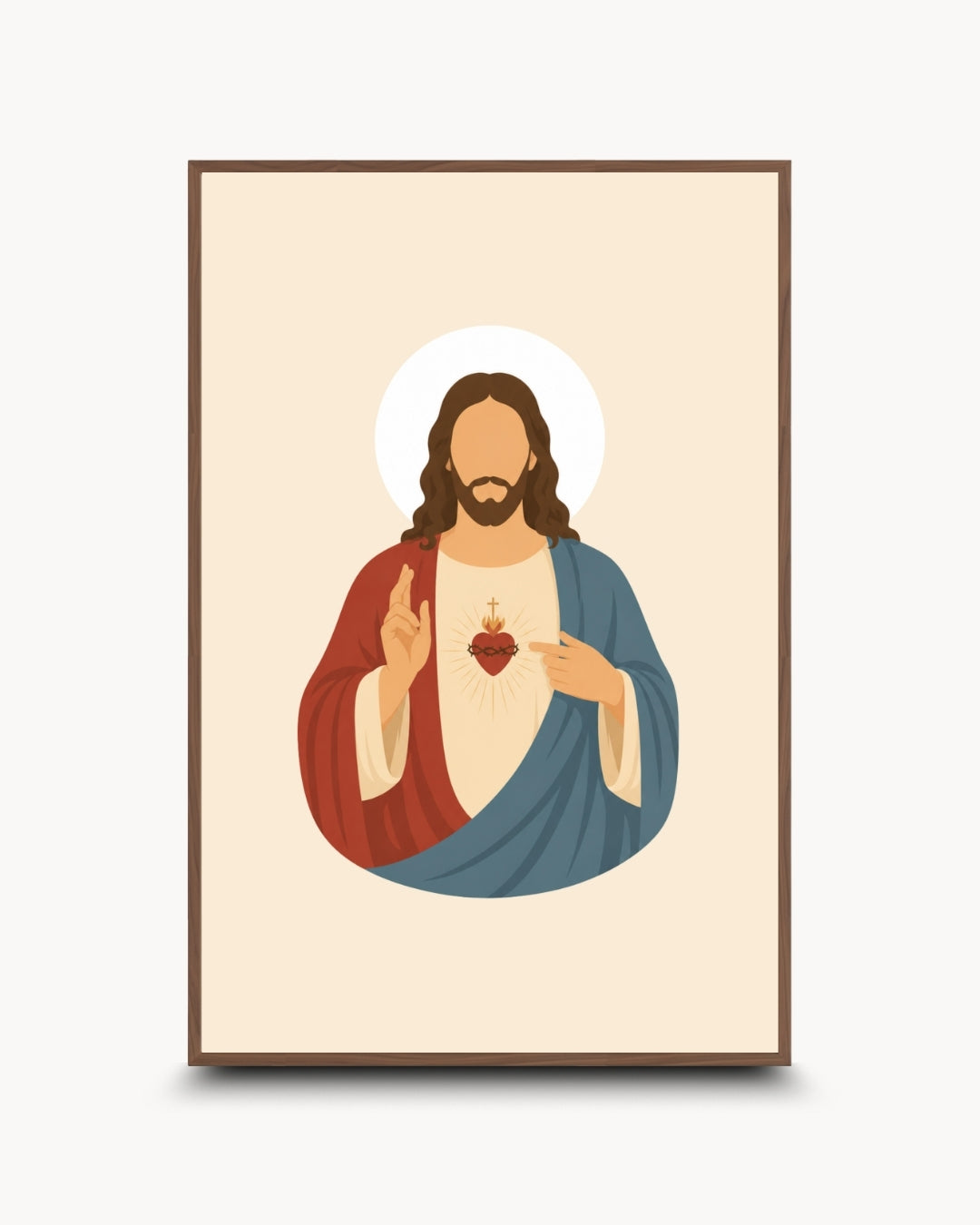 A framed art print featuring a stylized illustration of Jesus Christ with a red and blue robe, a white halo, and an open heart, shown against a light gray background.