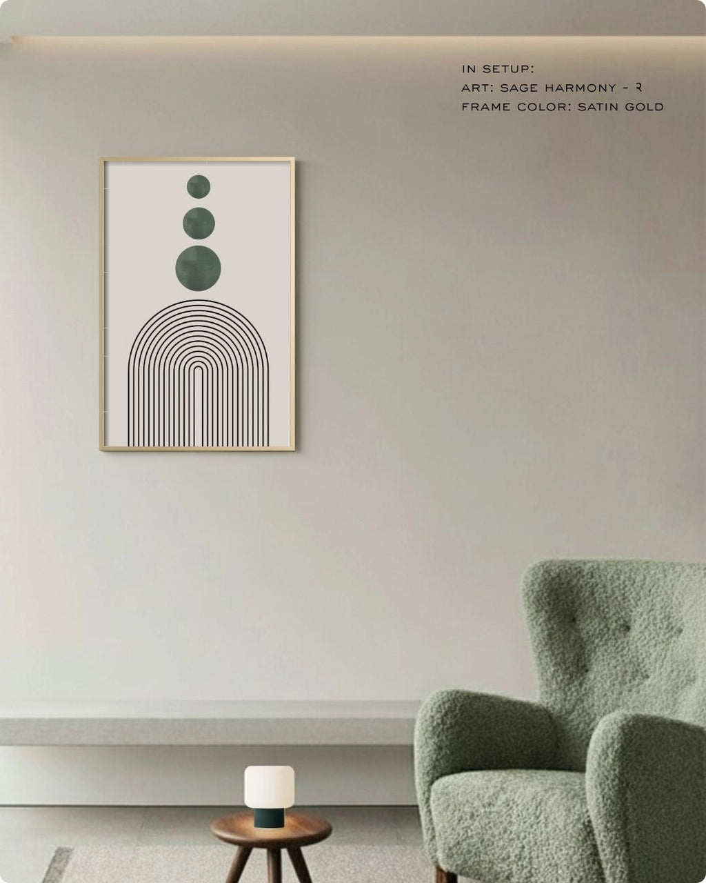 Sage Harmony 2 abstract wall art by K2C Co. featuring three sage green circles above black concentric arches in a satin gold frame, shown in a Japandi-style living room mockup with a green boucle armchair.