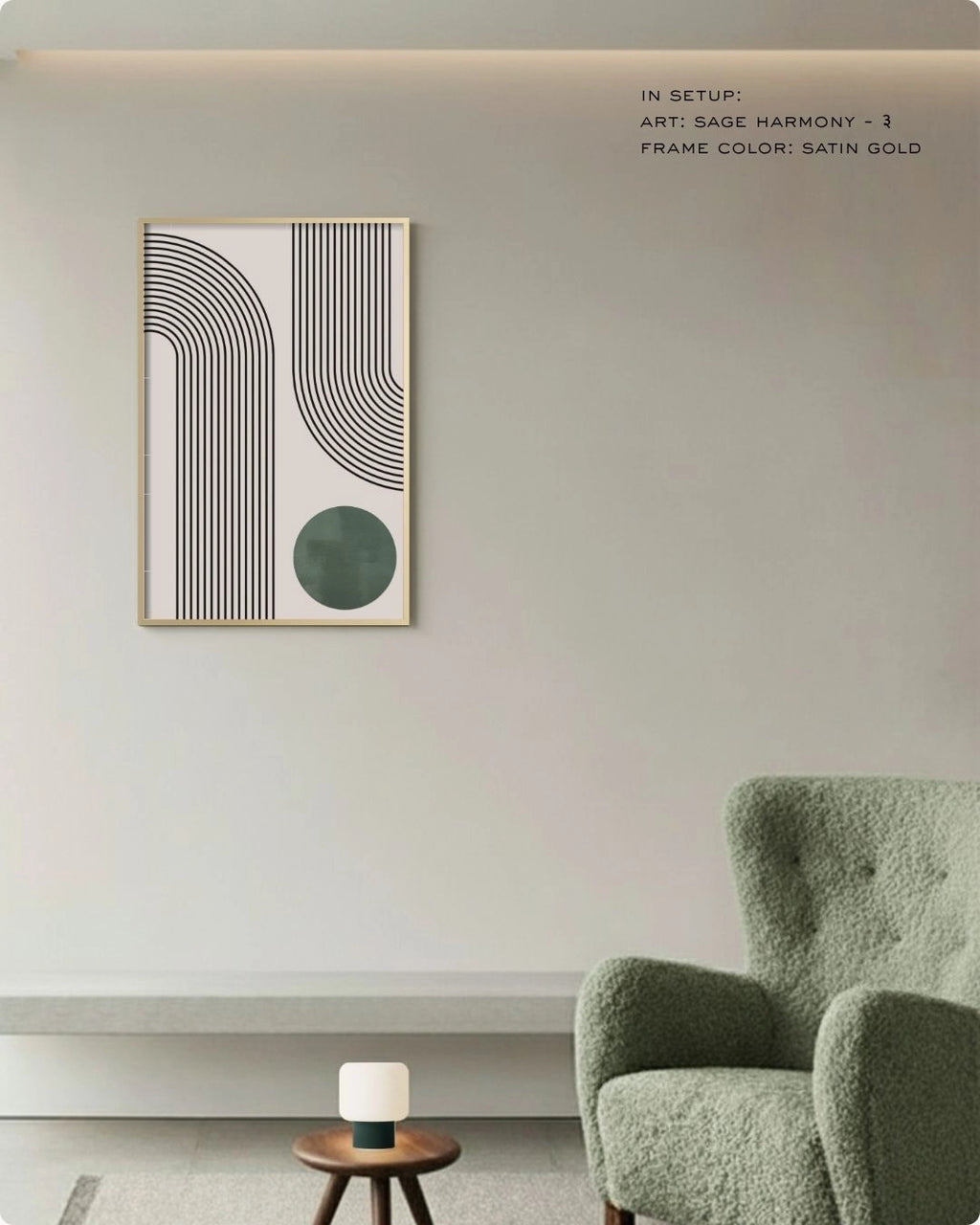 Sage Harmony 3 abstract wall art by K2C Co. featuring a sage green circle and black curved geometric lines in a satin gold frame, shown in a Japandi-style living room mockup with a green boucle armchair.