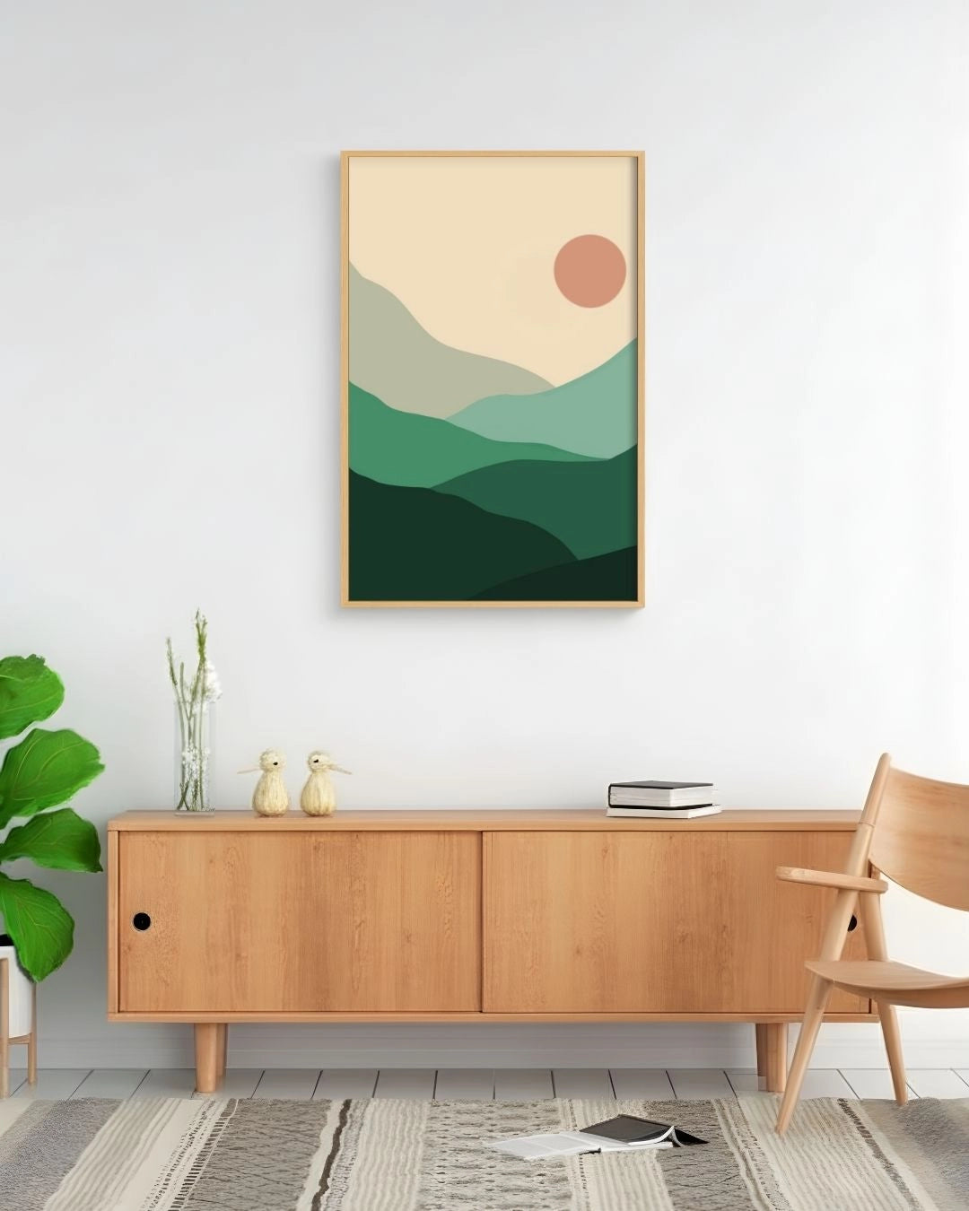 Minimalist Sage Hills abstract landscape art by K2C Co. in a Maple Wood frame, styled above a natural wood sideboard in a bright Japandi-style living room.