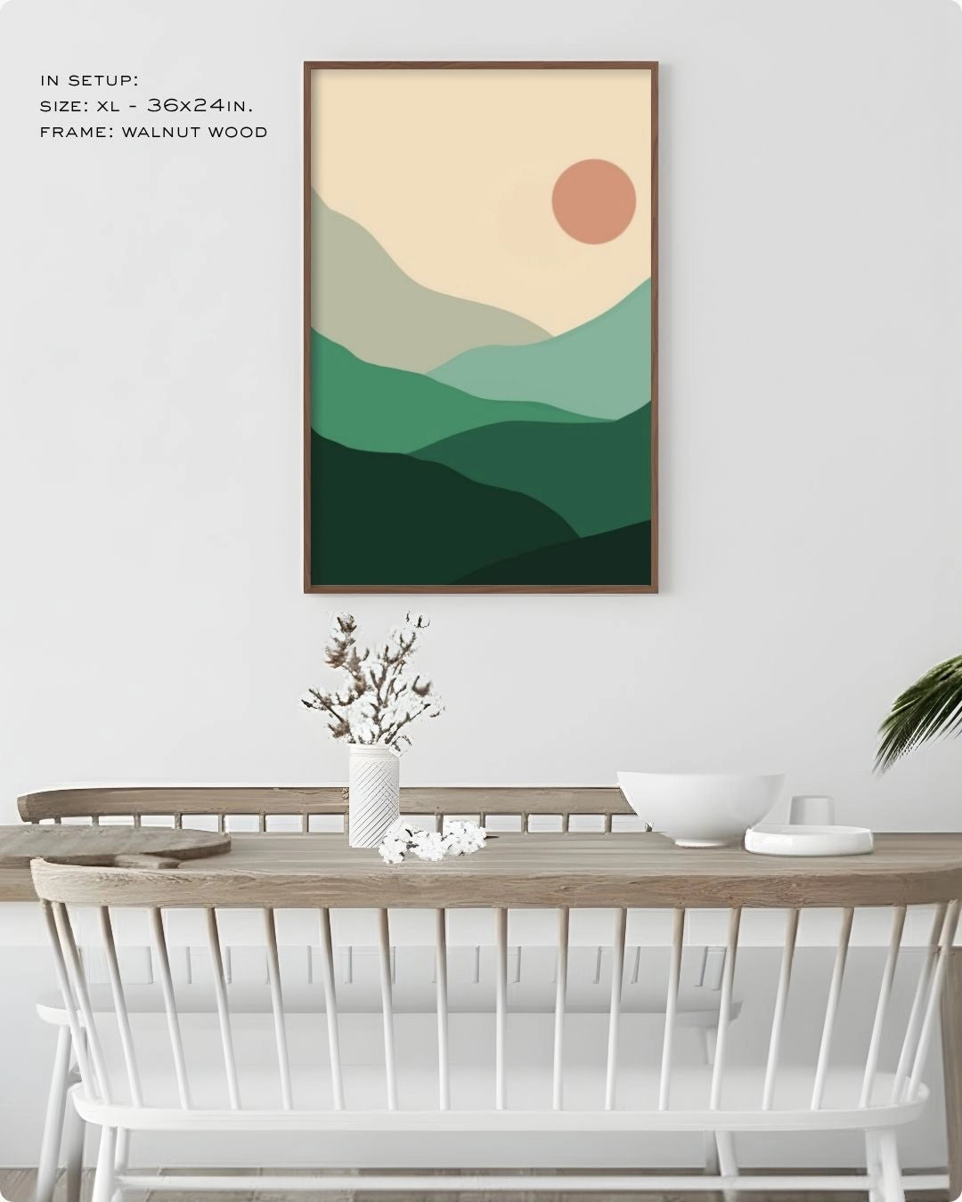 K2C Co. Sage Hills abstract landscape artwork in a Walnut Wood frame, displayed in a bright modern dining room setting with minimalist white furniture.