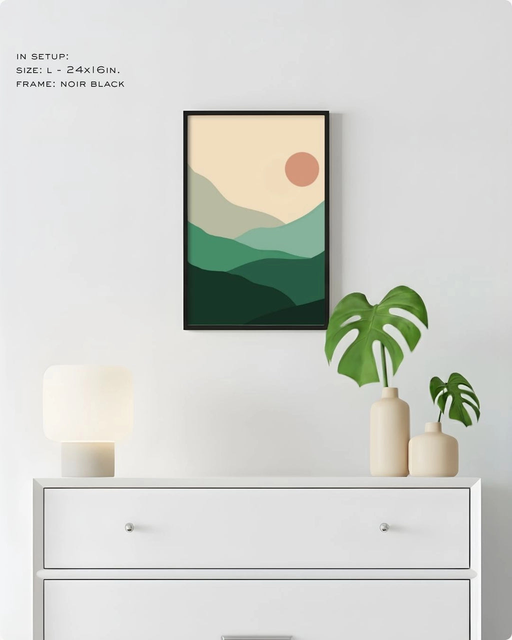 Large (Size L) Sage Hills abstract landscape print by K2C Co. in a Noir Black frame, styled in a minimalist home setup above a white chest of drawers.