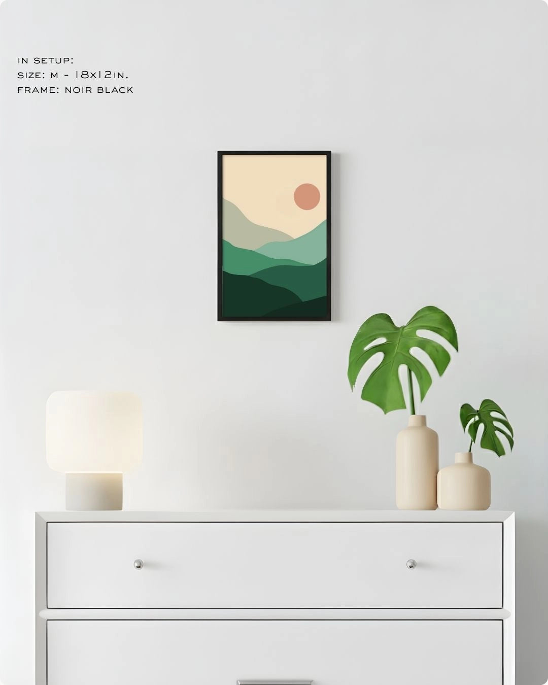 Medium (Size M) Sage Hills abstract landscape art in a Noir Black frame by K2C Co., featured in a minimalist decor mockup to show relative print scale.