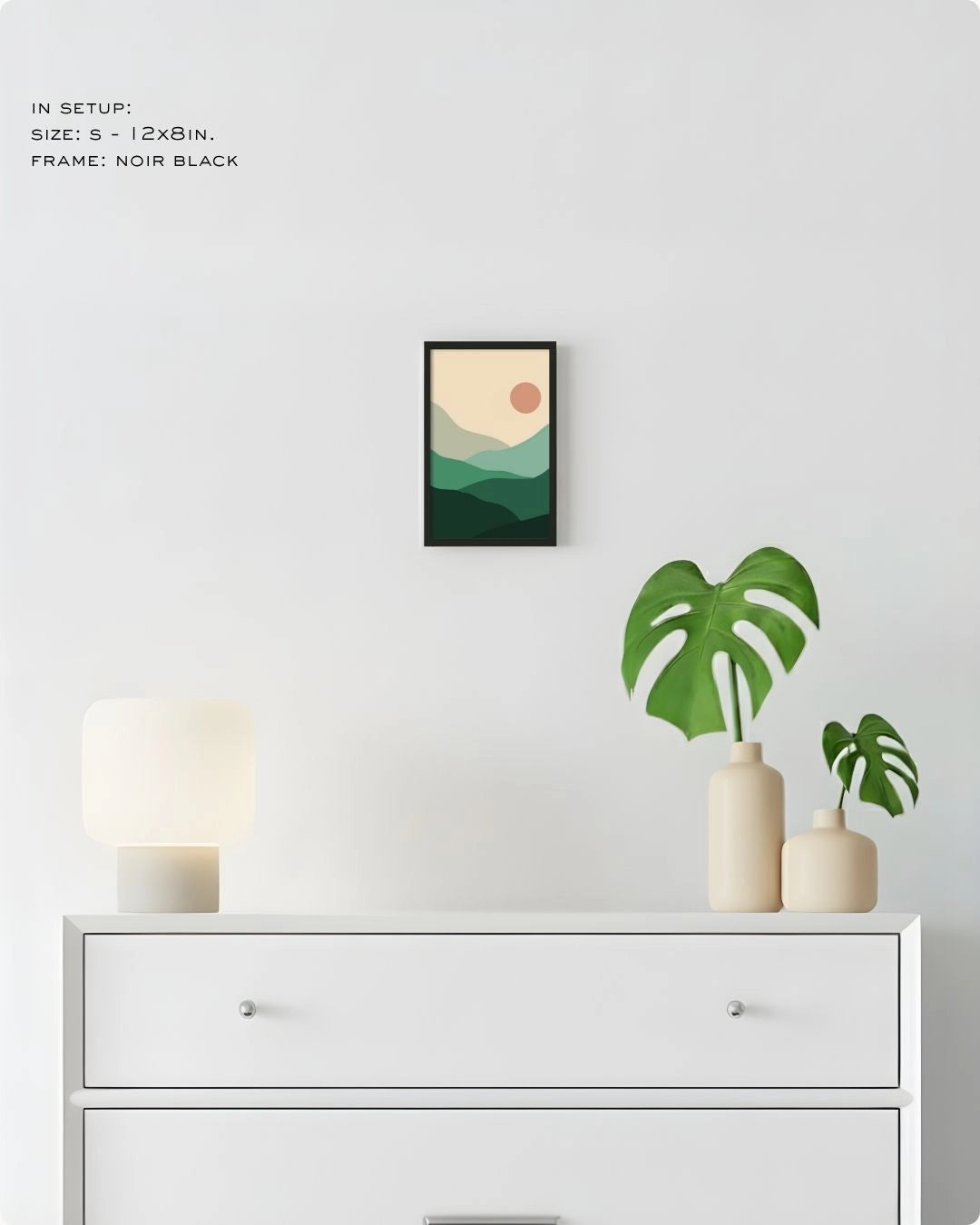 Small (Size S) Sage Hills minimalist landscape print by K2C Co. in a Noir Black frame, displayed on a bedroom wall above a white dresser for small-space styling.