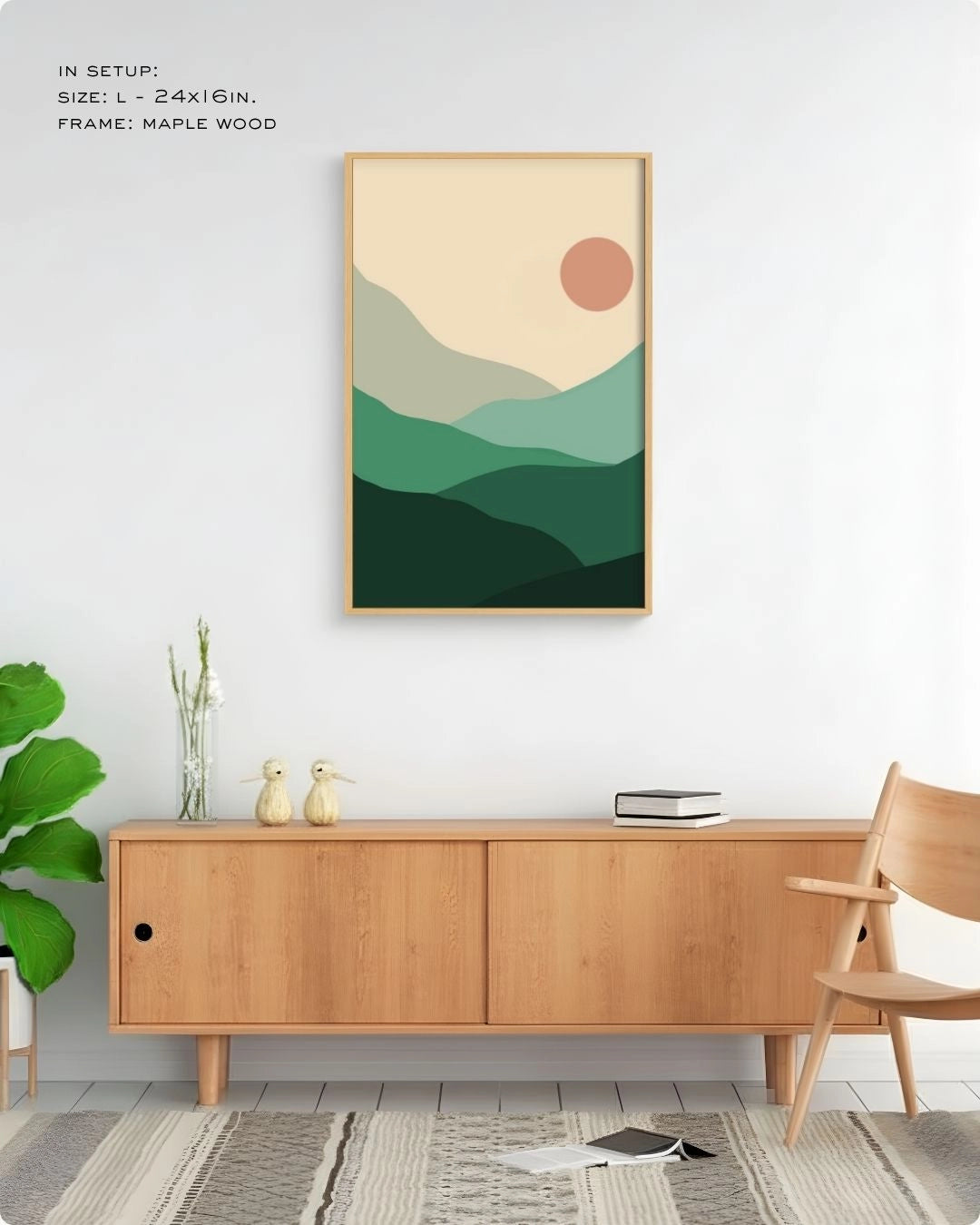 Sage Hills abstract landscape print by K2C Co. in a natural Maple Wood frame, featured in a warm minimalist living room mockup with mid-century furniture.