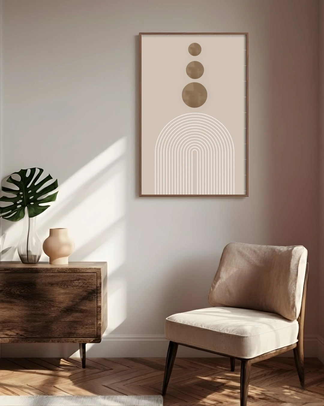 Modern interior with a chair, side table, and abstract wall art.