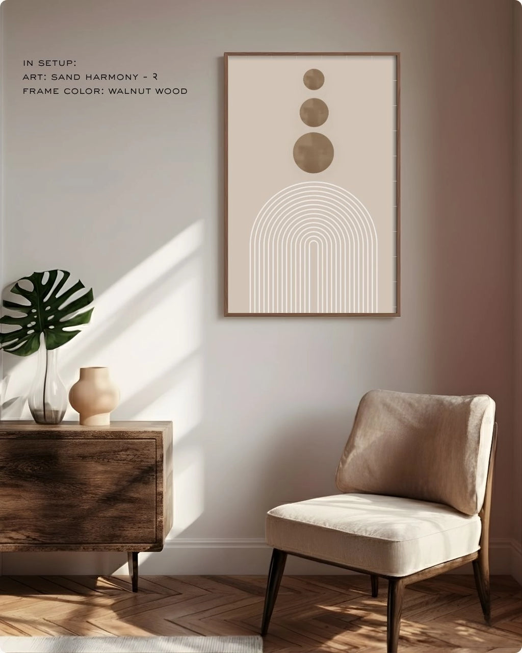 Sand Harmony 2 abstract wall art by K2C Co. featuring three terracotta brown circles and white arches in a walnut wood frame, displayed in a warm living room lifestyle mockup with a minimalist chair.