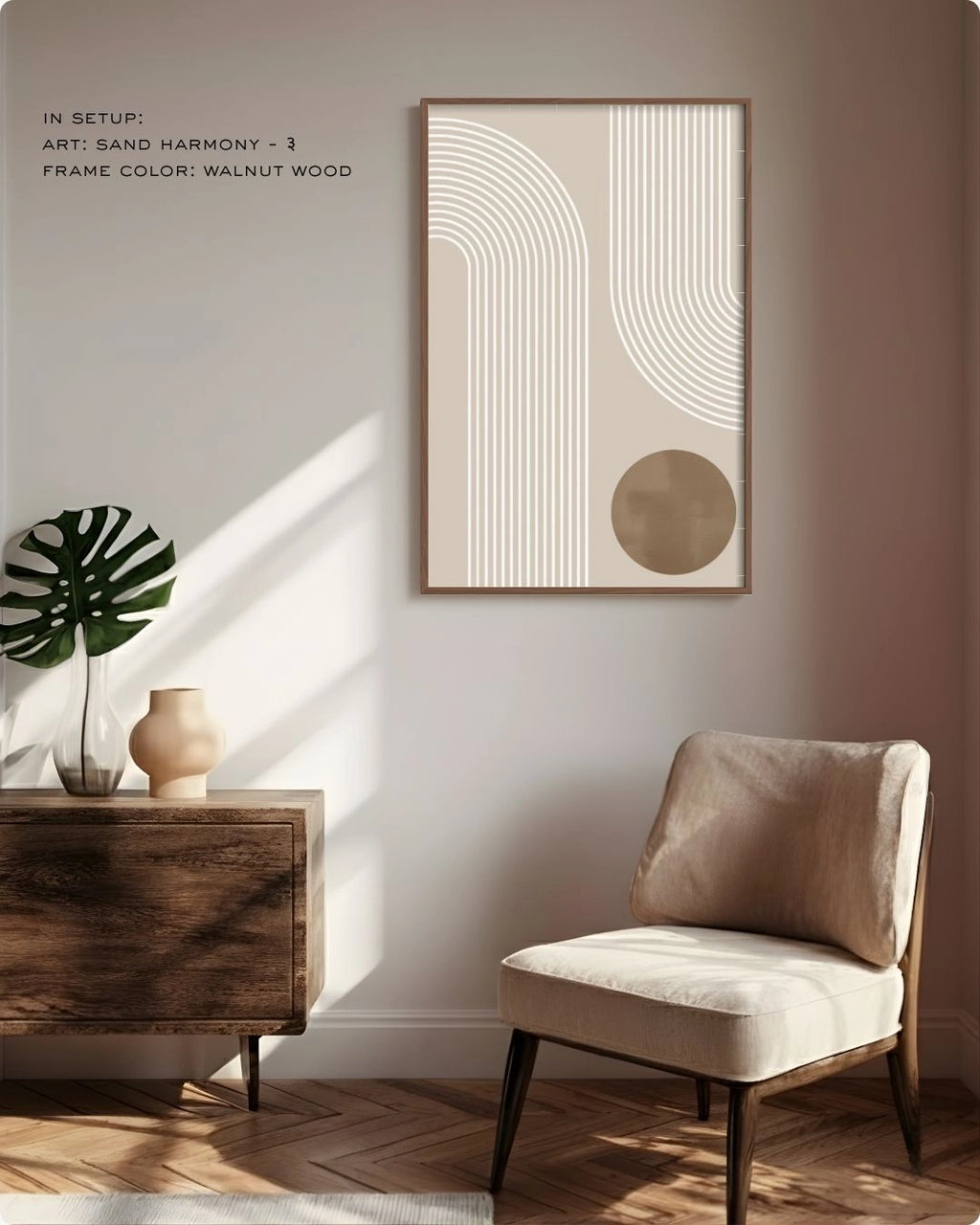 Sand Harmony 3 abstract wall art by K2C Co. featuring a terracotta brown circle and white curved lines in a walnut wood frame, displayed in a warm living room lifestyle mockup with a minimalist chair.