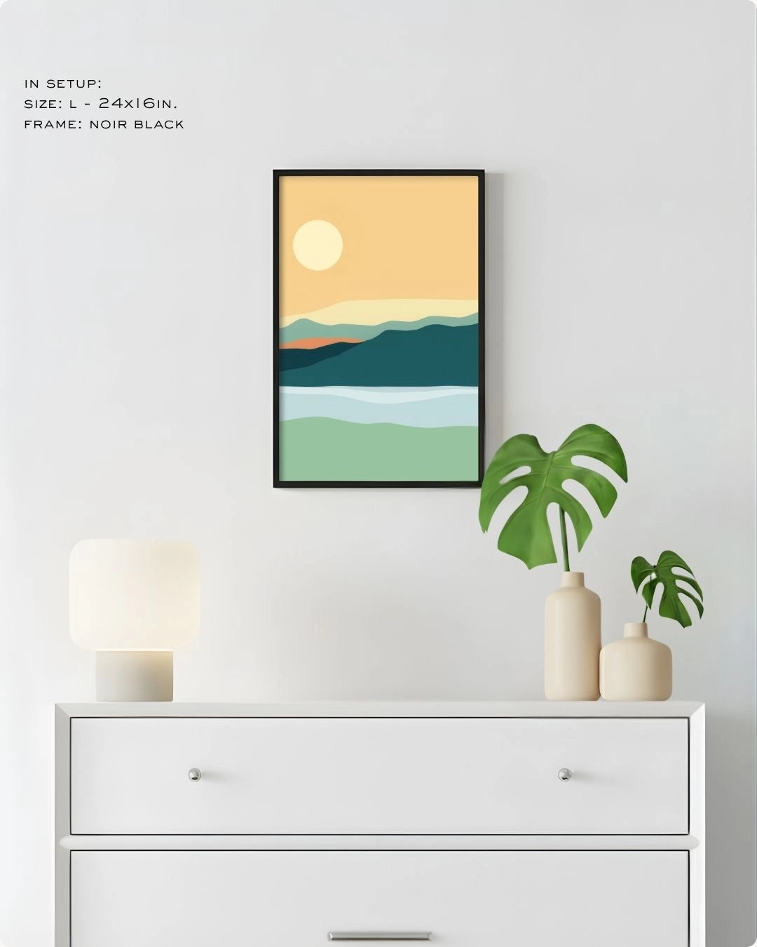 Large (Size L) Serene Horizon abstract landscape print by K2C Co. in a Noir Black frame, styled in a minimalist home setup above a white chest of drawers.