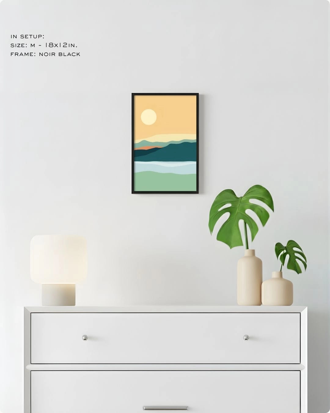 Medium (Size M) Serene Horizon mountain landscape art in a Noir Black frame by K2C Co., featured in a minimalist decor mockup to show relative print scale.