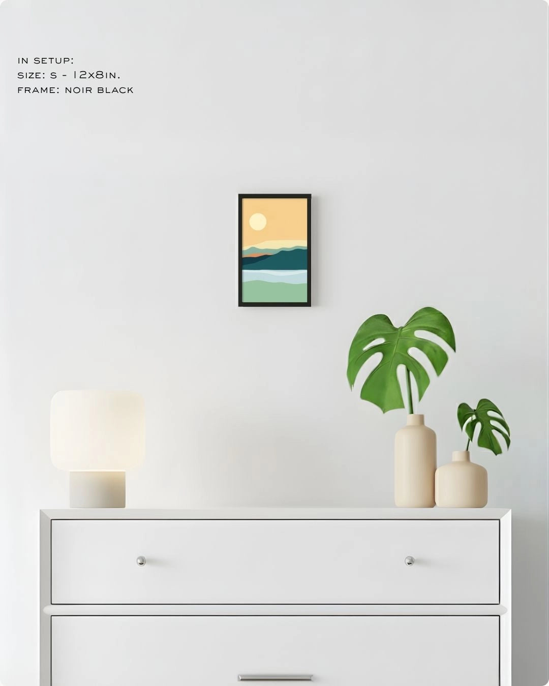 Small (Size S) Serene Horizon minimalist landscape print by K2C Co. in a Noir Black frame, displayed on a bedroom wall above a white dresser for small-space styling.