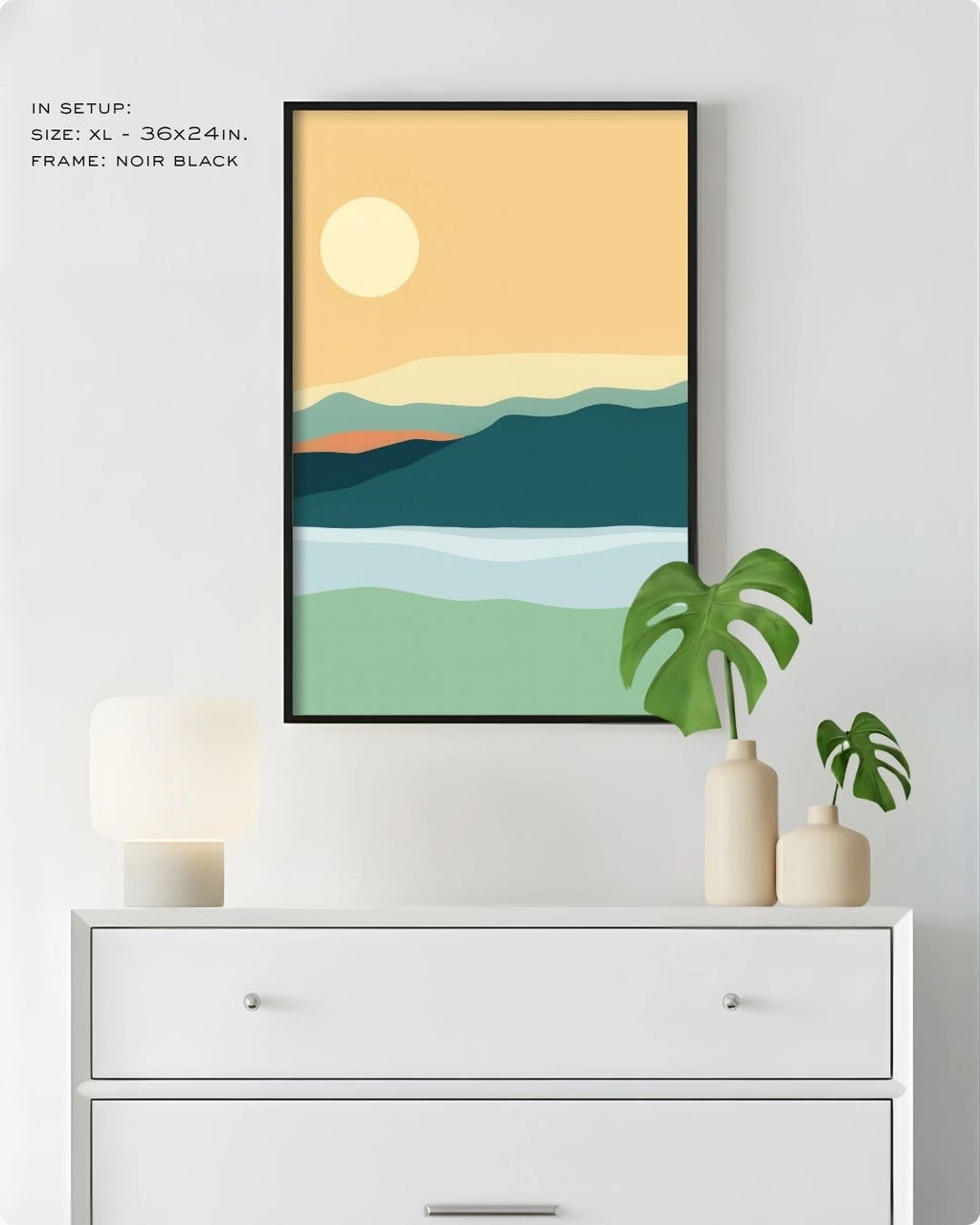 Extra Large (XL) Serene Horizon landscape wall art by K2C Co. in a Noir Black frame, hanging above a white dresser in a clean, modern bedroom mockup with a Monstera plant.