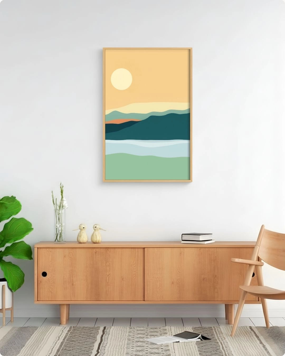 Minimalist Serene Horizon mountain landscape art by K2C Co. in a Maple Wood frame, styled above a natural wood sideboard in a bright Japandi-style living room.