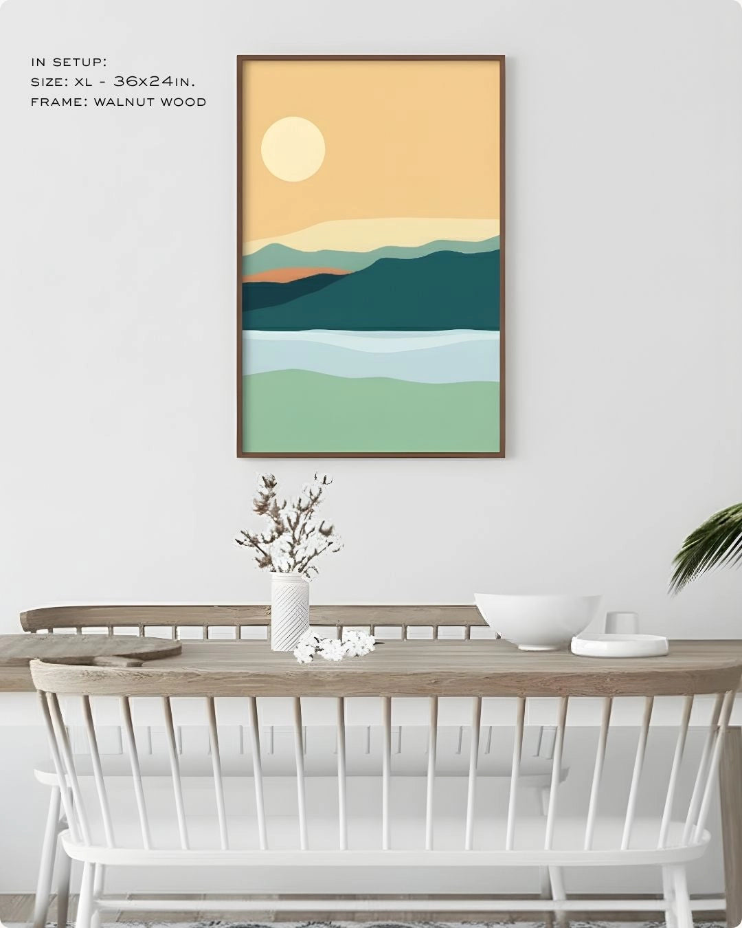 K2C Co. Serene Horizon mountain landscape artwork in a Walnut Wood frame, displayed in a modern white dining room setting with minimalist furniture.