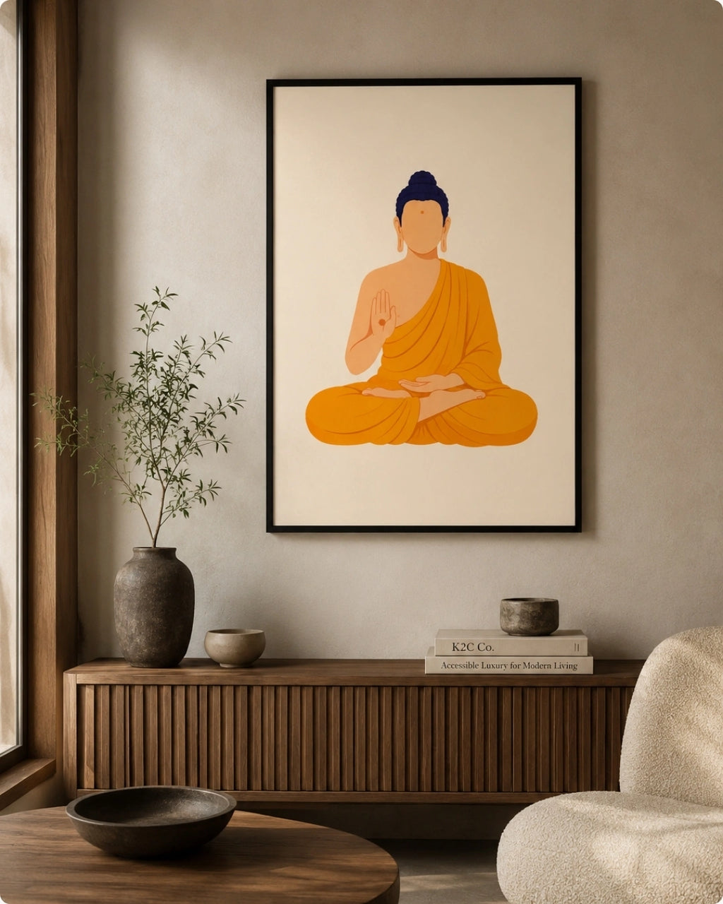 A framed minimalist art print of a meditating Buddha in orange and navy blue, displayed on a warm beige wall above a wooden console table in a styled living room.