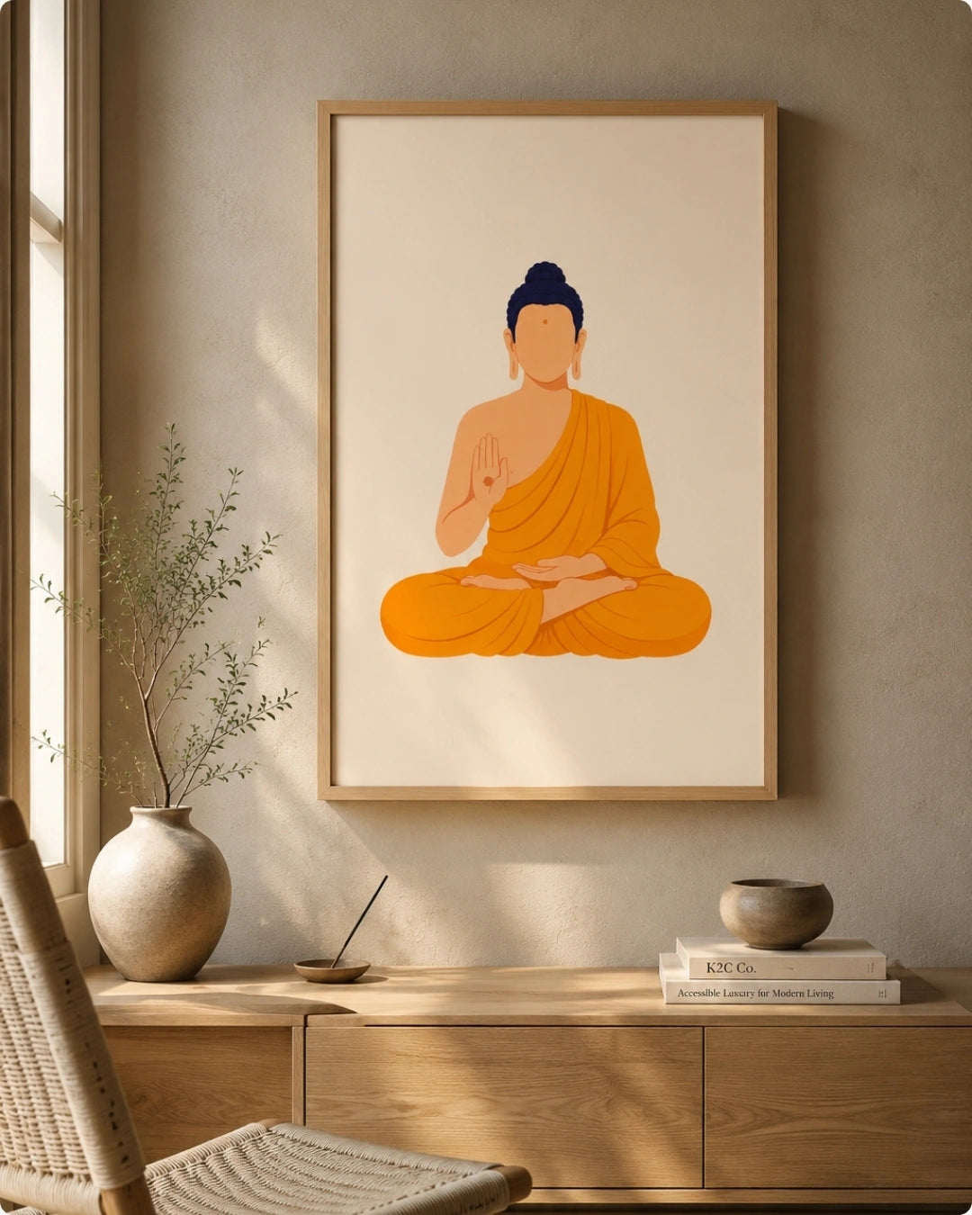 A framed minimalist art print of a meditating Buddha in orange and navy blue, displayed on a warm beige wall above a wooden console table in a styled room.