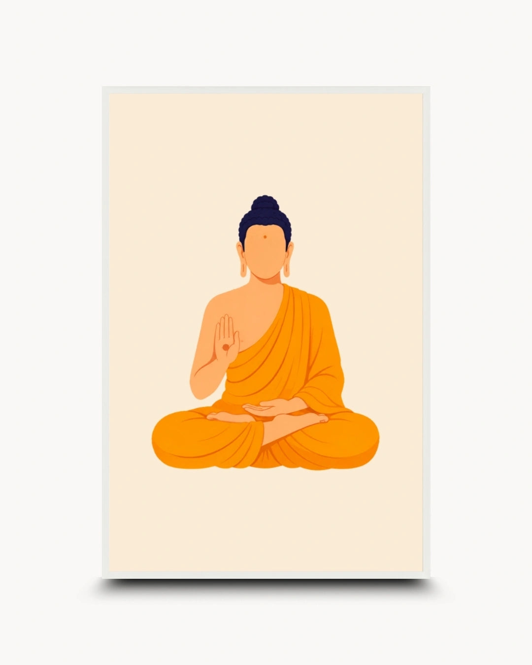 A minimalist art print featuring a seated Buddha in orange robes on a warm cream background, shown as a vertical poster with a subtle drop shadow on a light gray backdrop.