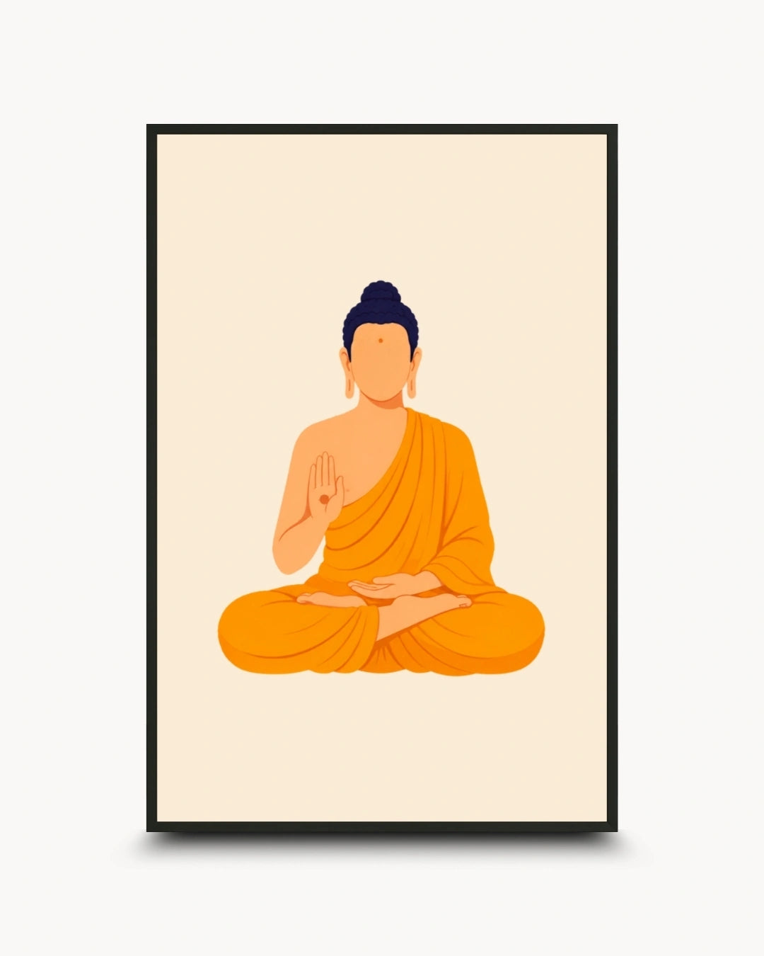 Minimalist illustration of a meditating Buddha in an orange robe presented as a modern wall art piece in a sleek noir black frame.