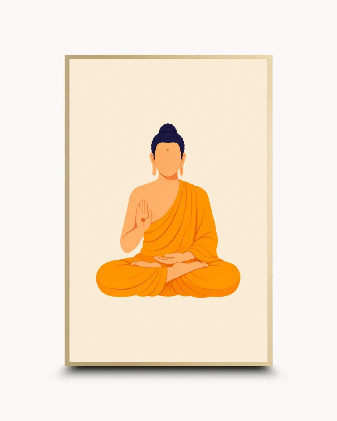 A minimalist framed art print featuring a seated Buddha in orange robes against a warm cream background, enclosed in a thin gold-toned frame and shown on a light gray backdrop.