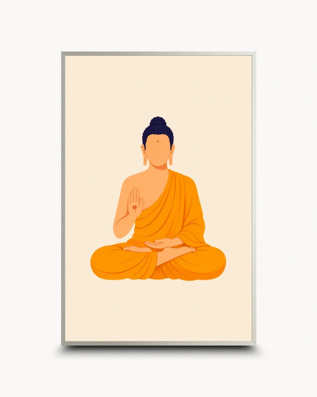 A minimalist art print featuring a seated Buddha in orange robes on a warm cream background, shown in a thin light gray frame against a light gray wall.