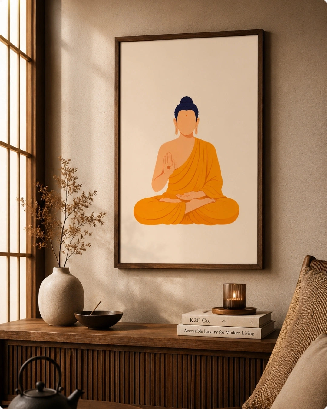 A framed minimalist art print of a meditating Buddha in orange and yellow tones, hanging on a beige wall in a styled room with a wooden console table, a vase, and a candle.