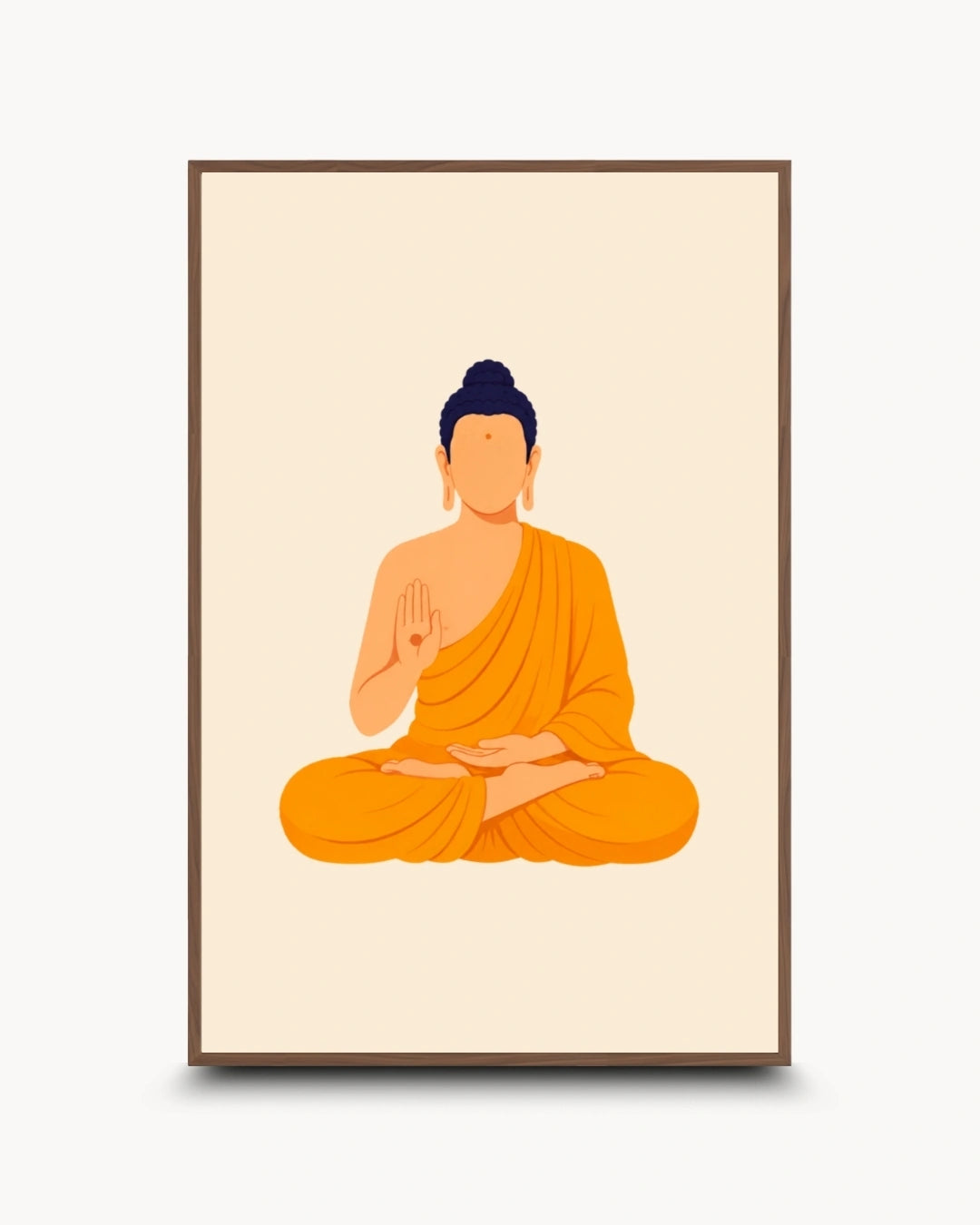 A framed minimalist art print featuring a seated Buddha in orange robes against a warm cream background, shown on a light gray wall.