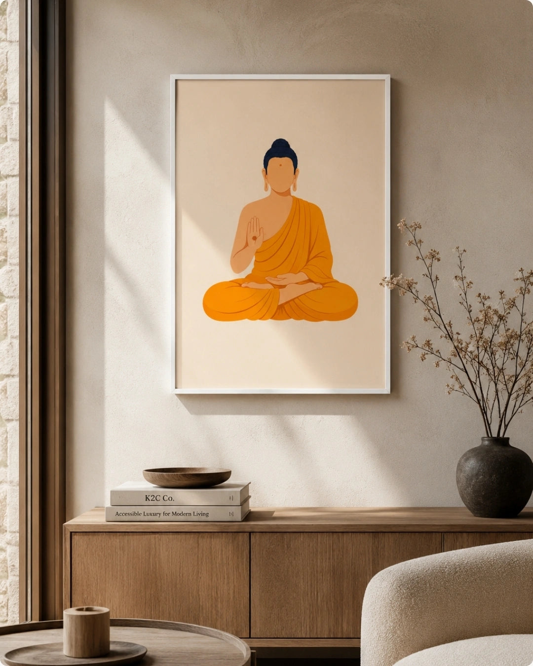 A framed minimalist art print of a seated Buddha in orange robes, displayed on a beige wall in a modern, sunlit room above a wooden console table.