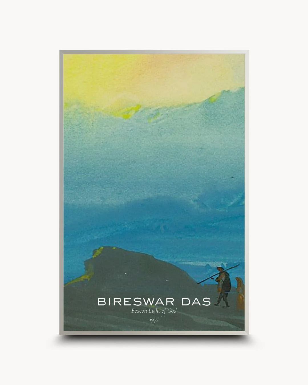 Modern gallery-style Bireswar Das signed golden mountain print in a Satin Silver frame. Sophisticated, vibrant fine art for urban professional spaces.