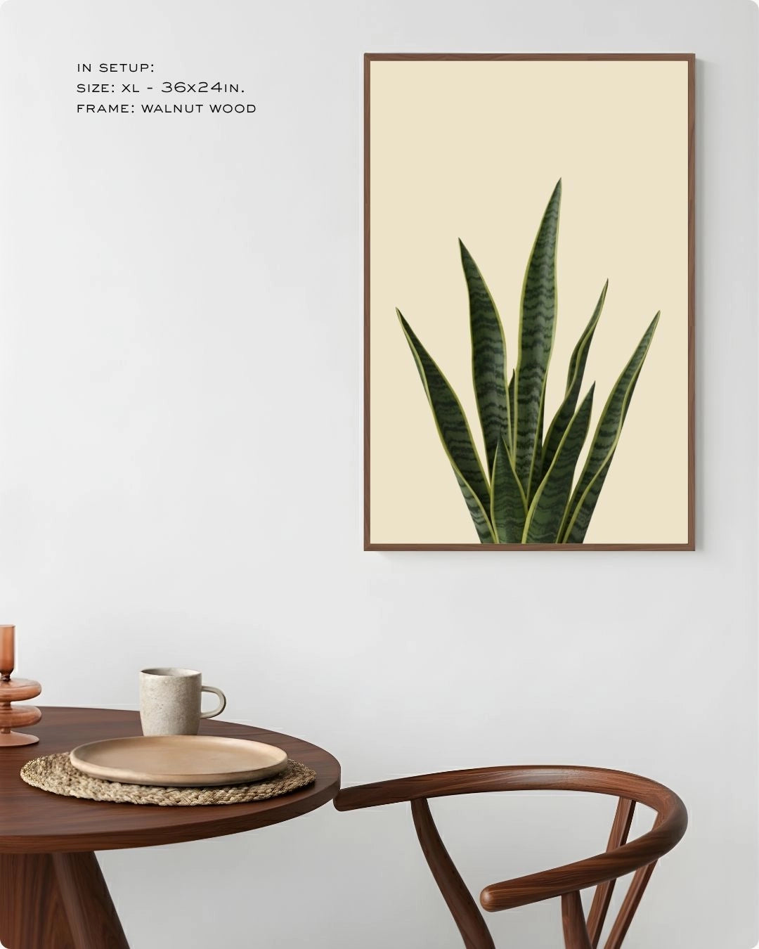 Tropical snake plant botanical print in a Walnut Wood frame by K2C Co., featured in a bright, modern dining area setup.