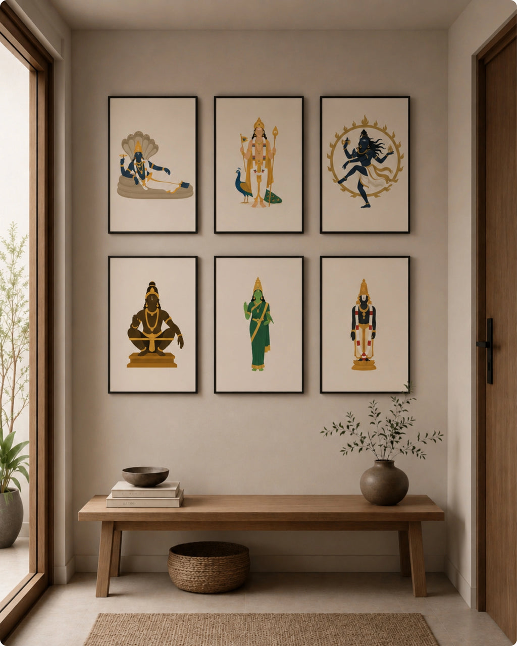 Minimalist illustration set of 6 South Indian deities including Anantha Padmanabha Swamy, Lord Murugan, Lord Nataraja, Swami Ayyappan, Goddess Meenakshi, and Tirupati Balaji, presented as a curated gallery wall in sleek noir black frames.