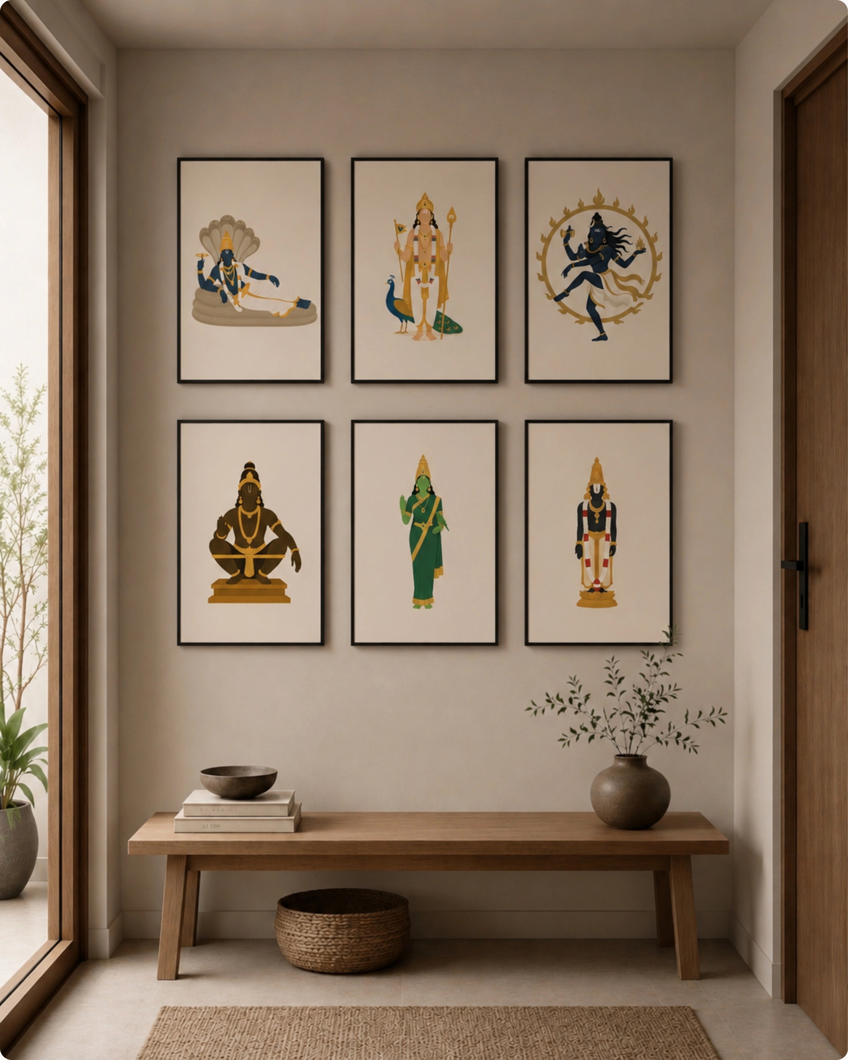 Minimalist illustration set of 6 South Indian deities including Anantha Padmanabha Swamy, Lord Murugan, Lord Nataraja, Swami Ayyappan, Goddess Meenakshi, and Tirupati Balaji, presented as a curated gallery wall in sleek noir black frames.