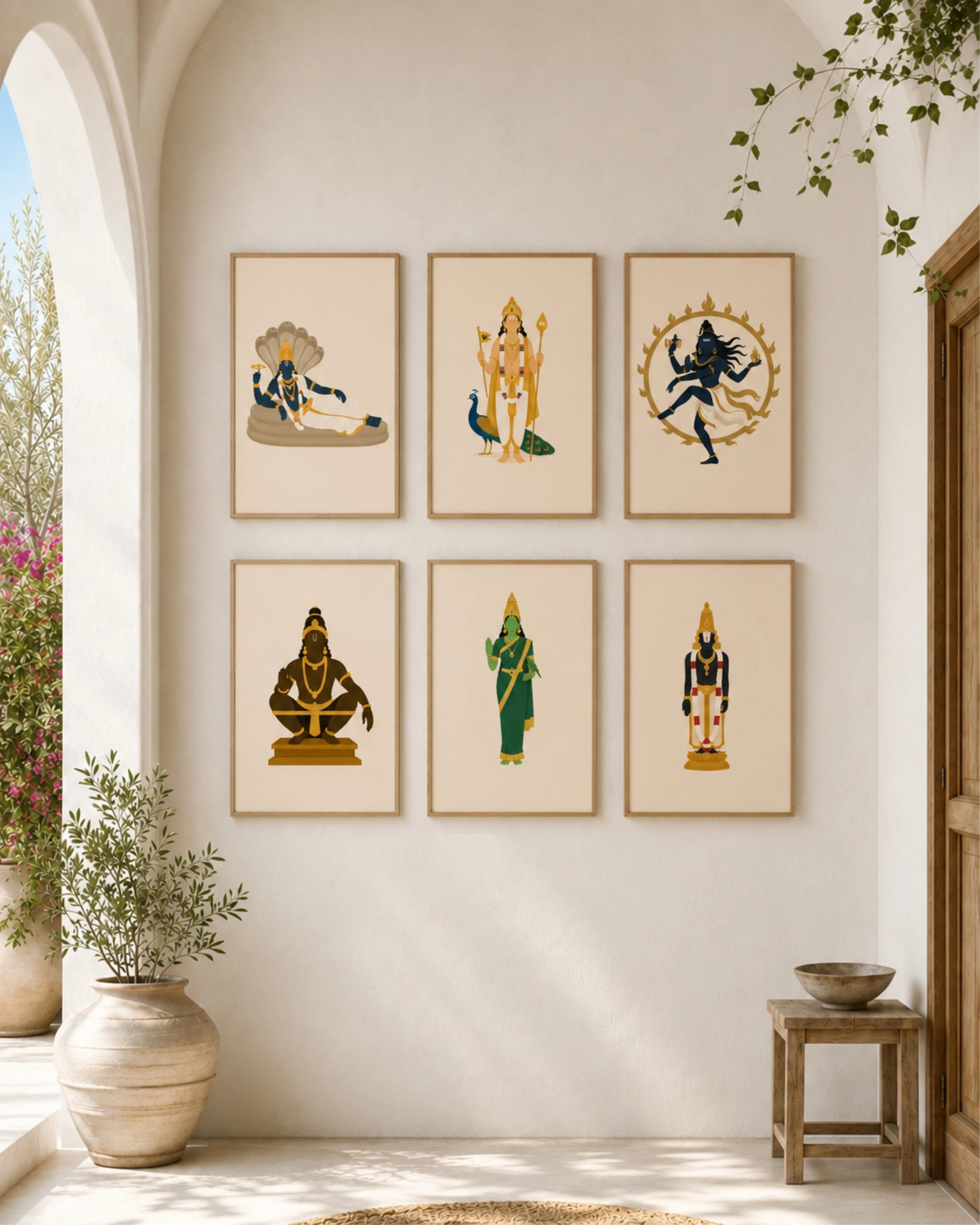 Minimalist illustration set of 6 South Indian deities including Anantha Padmanabha Swamy, Lord Murugan, Lord Nataraja, Swami Ayyappan, Goddess Meenakshi, and Tirupati Balaji, presented as a curated gallery wall in light maple wood frames.