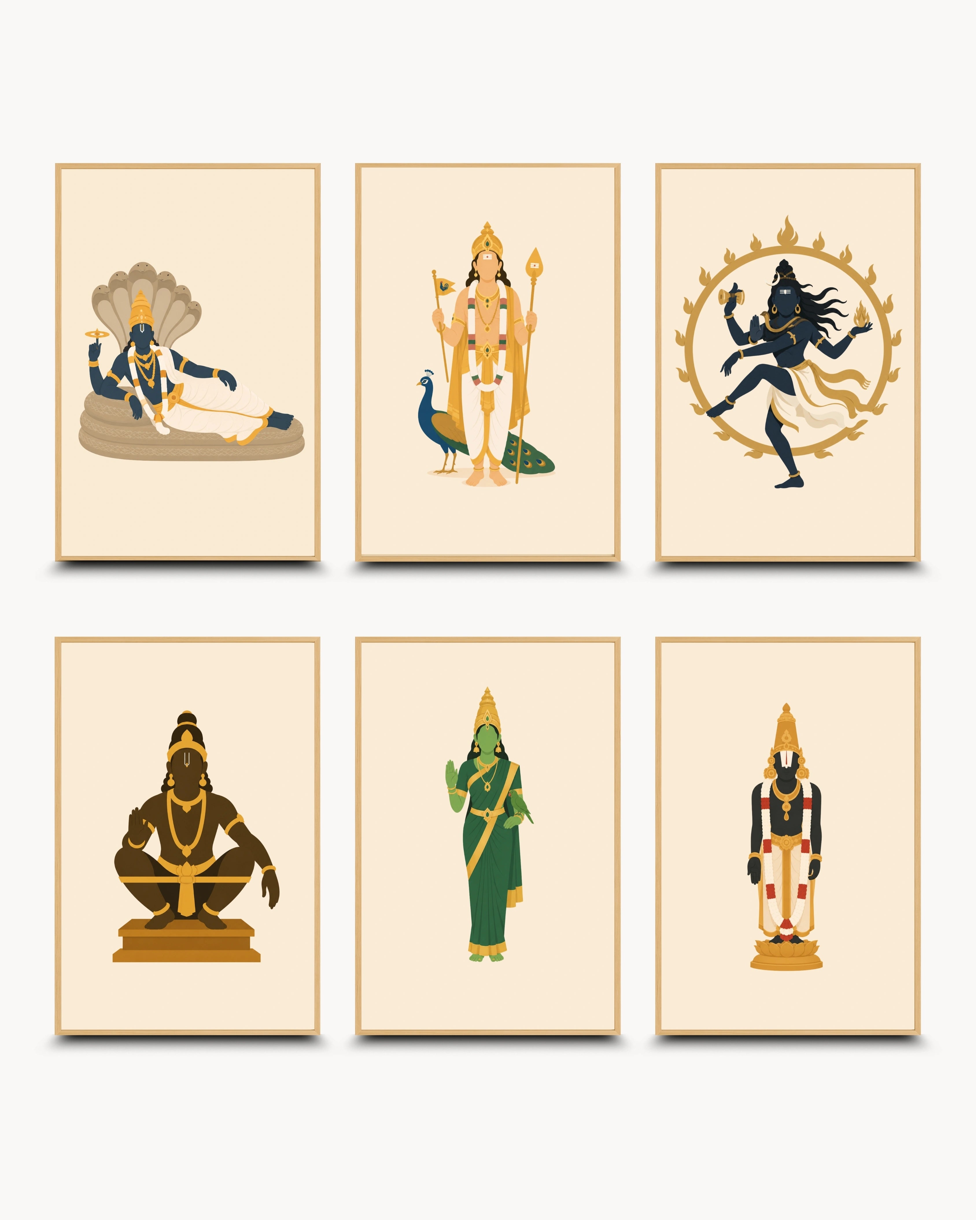 Minimalist illustration set of 6 Hindu deities including Reclining Lord Vishnu, Murugan, Nataraja, Ayyappa, Goddess Meenakshi, and Venkateswara, presented as a curated gallery wall in light maple wood frames.