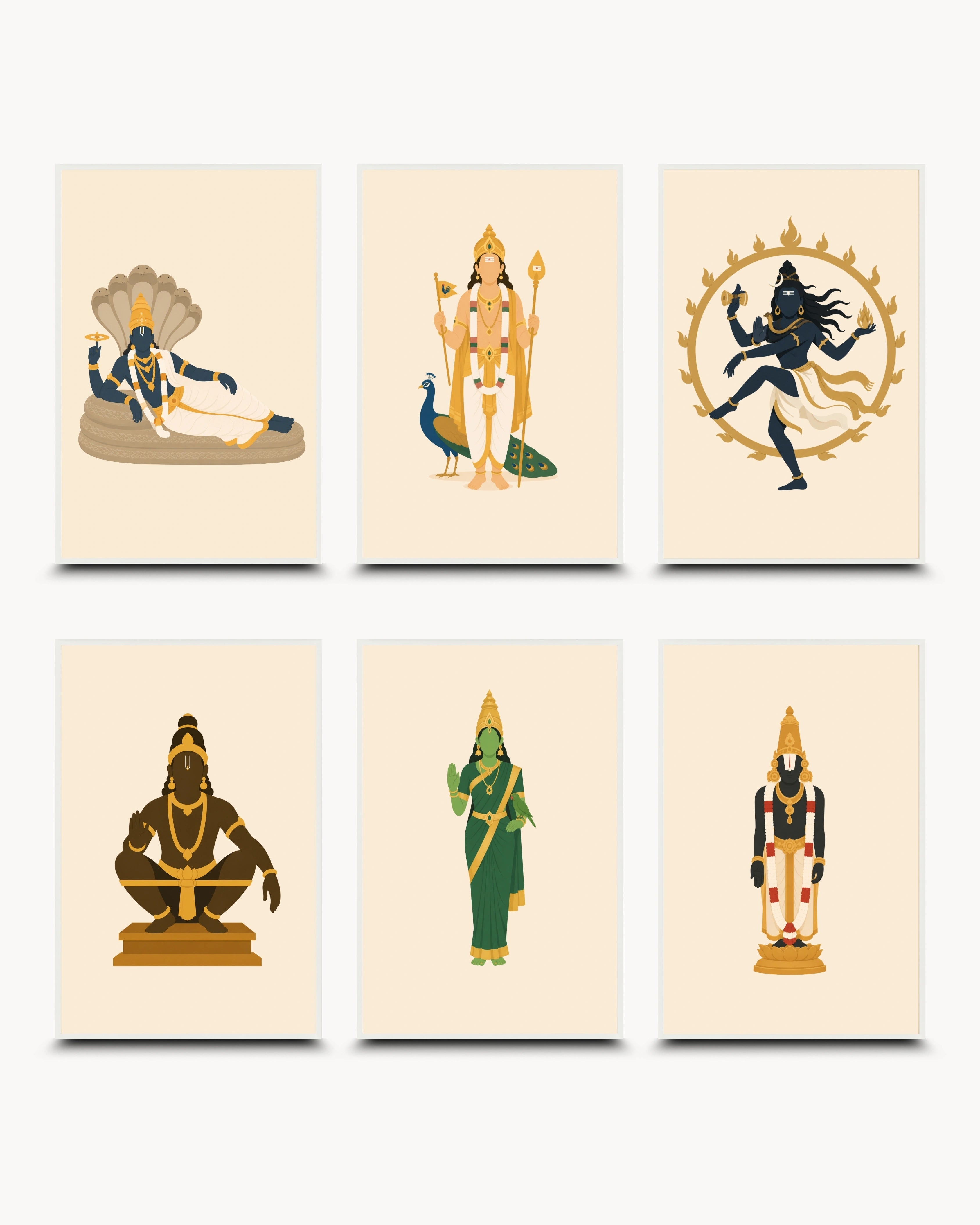 Minimalist illustration set of 6 Hindu deities including Reclining Lord Vishnu, Murugan, Nataraja, Ayyappa, Goddess Meenakshi, and Venkateswara, presented as a curated gallery wall in clean moon white frames.