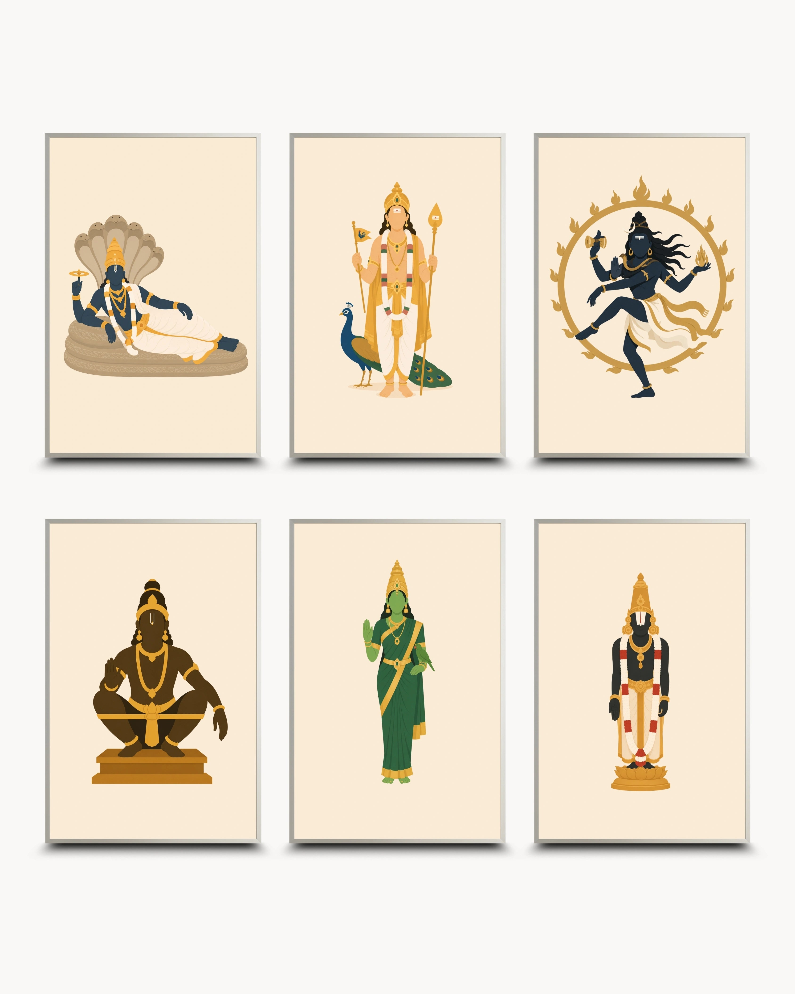 Minimalist illustration set of 6 Hindu deities including Reclining Lord Vishnu, Murugan, Nataraja, Ayyappa, Goddess Meenakshi, and Venkateswara, presented as a curated gallery wall in modern satin silver frames.