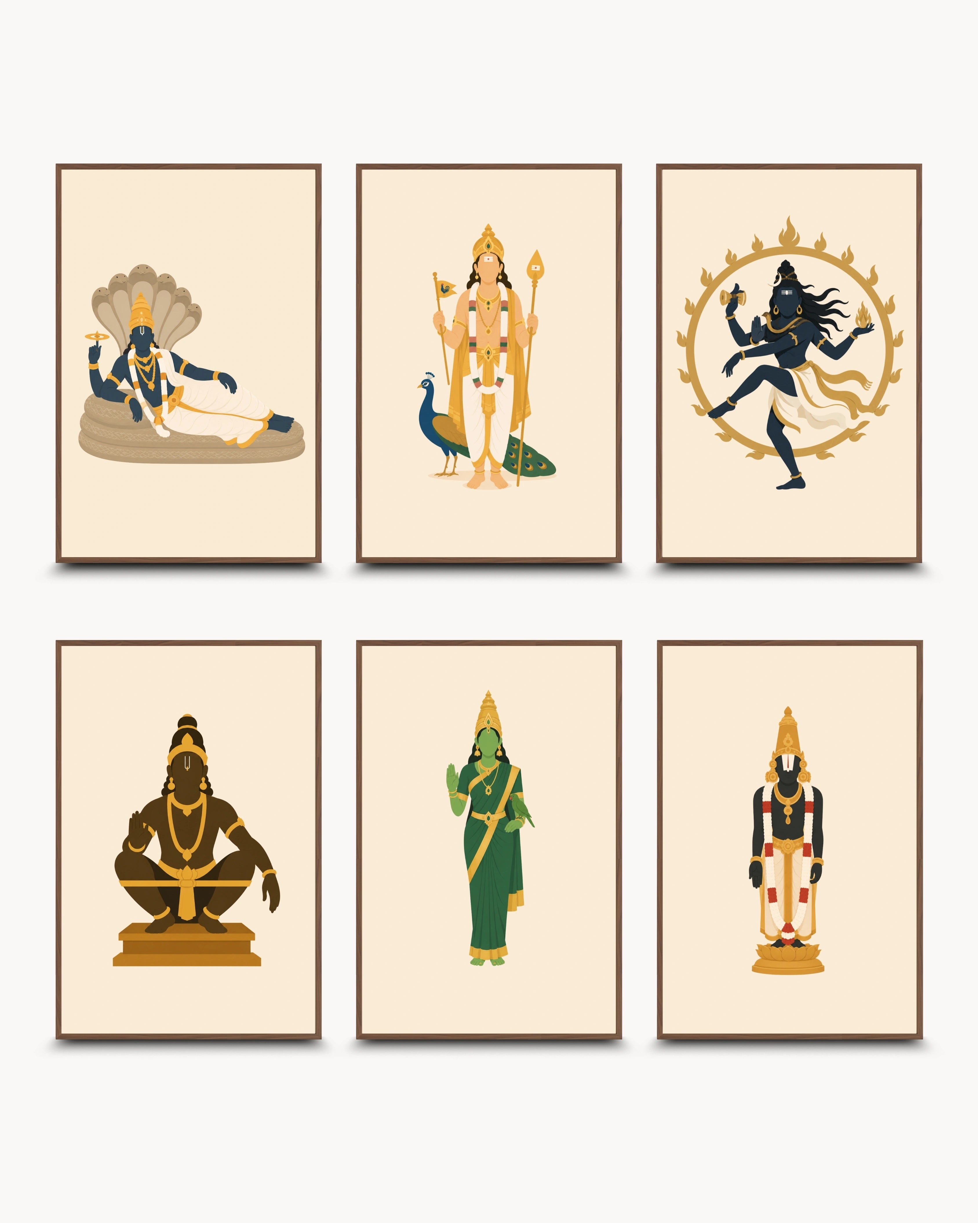 Minimalist illustration set of 6 Hindu deities including Reclining Lord Vishnu, Murugan, Nataraja, Ayyappa, Goddess Meenakshi, and Venkateswara, presented as a curated gallery wall in rich walnut wood frames.
