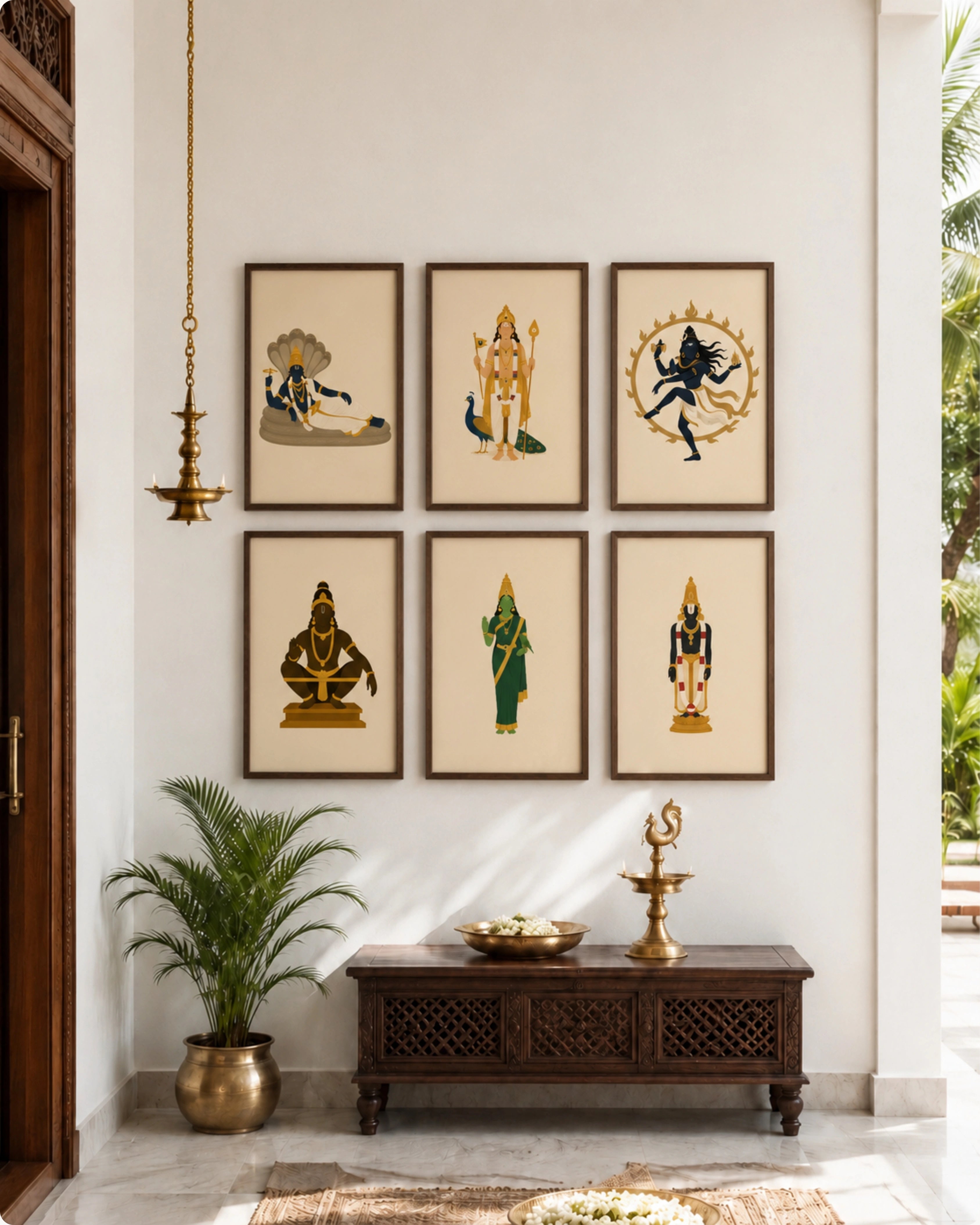 Minimalist illustration set of 6 South Indian deities including Anantha Padmanabha Swamy, Lord Murugan, Lord Nataraja, Swami Ayyappan, Goddess Meenakshi, and Tirupati Balaji, presented as a curated gallery wall in rich walnut wood frames.