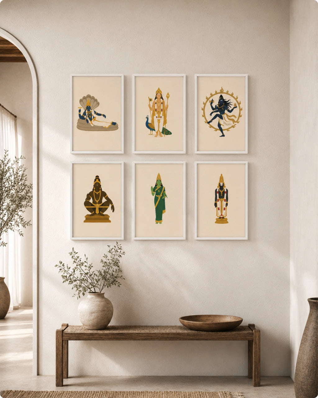 Minimalist illustration set of 6 South Indian deities including Anantha Padmanabha Swamy, Lord Murugan, Lord Nataraja, Swami Ayyappan, Goddess Meenakshi, and Tirupati Balaji, presented as a curated gallery wall in clean moon white frames.