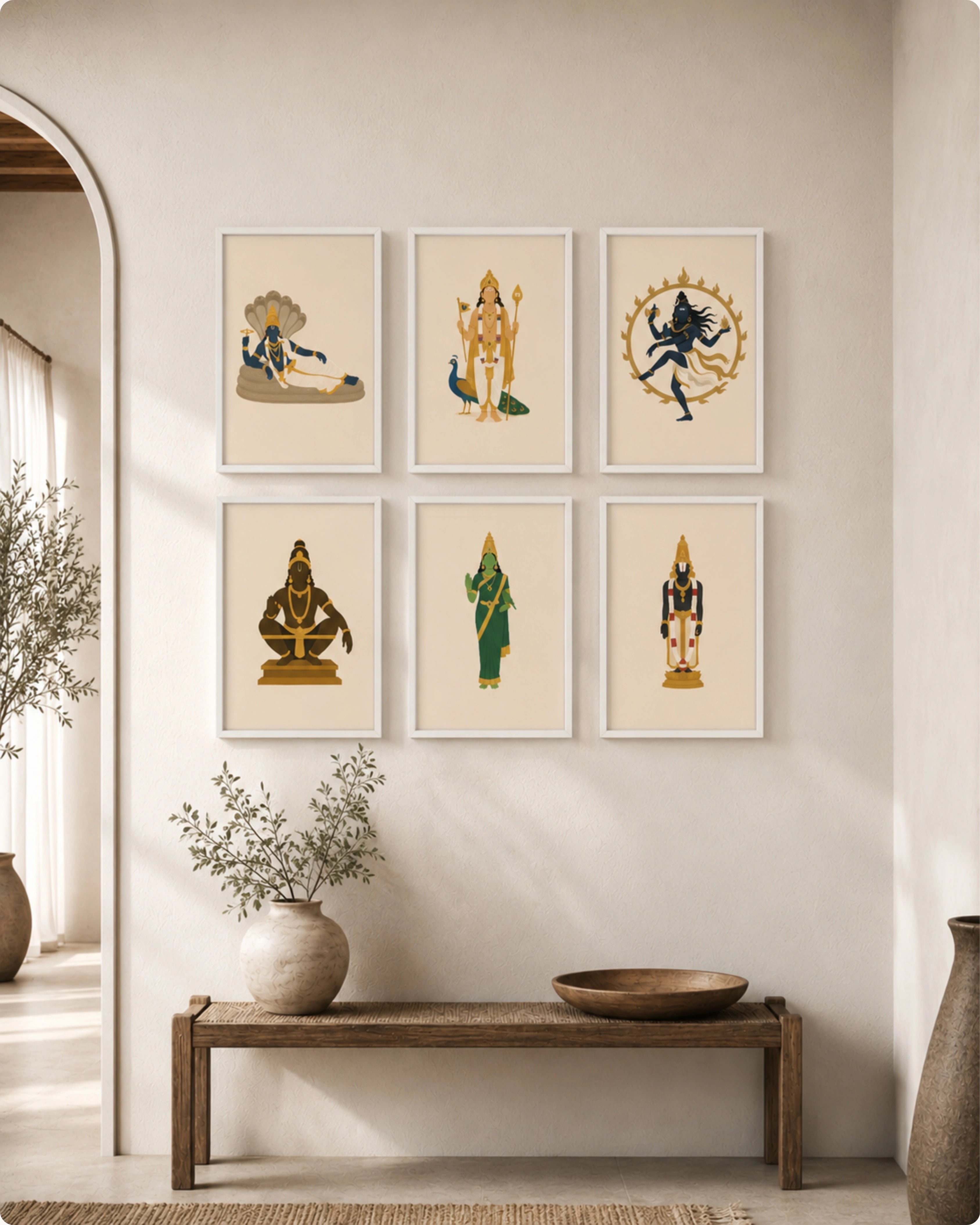 Minimalist illustration set of 6 South Indian deities including Anantha Padmanabha Swamy, Lord Murugan, Lord Nataraja, Swami Ayyappan, Goddess Meenakshi, and Tirupati Balaji, presented as a curated gallery wall in clean moon white frames.